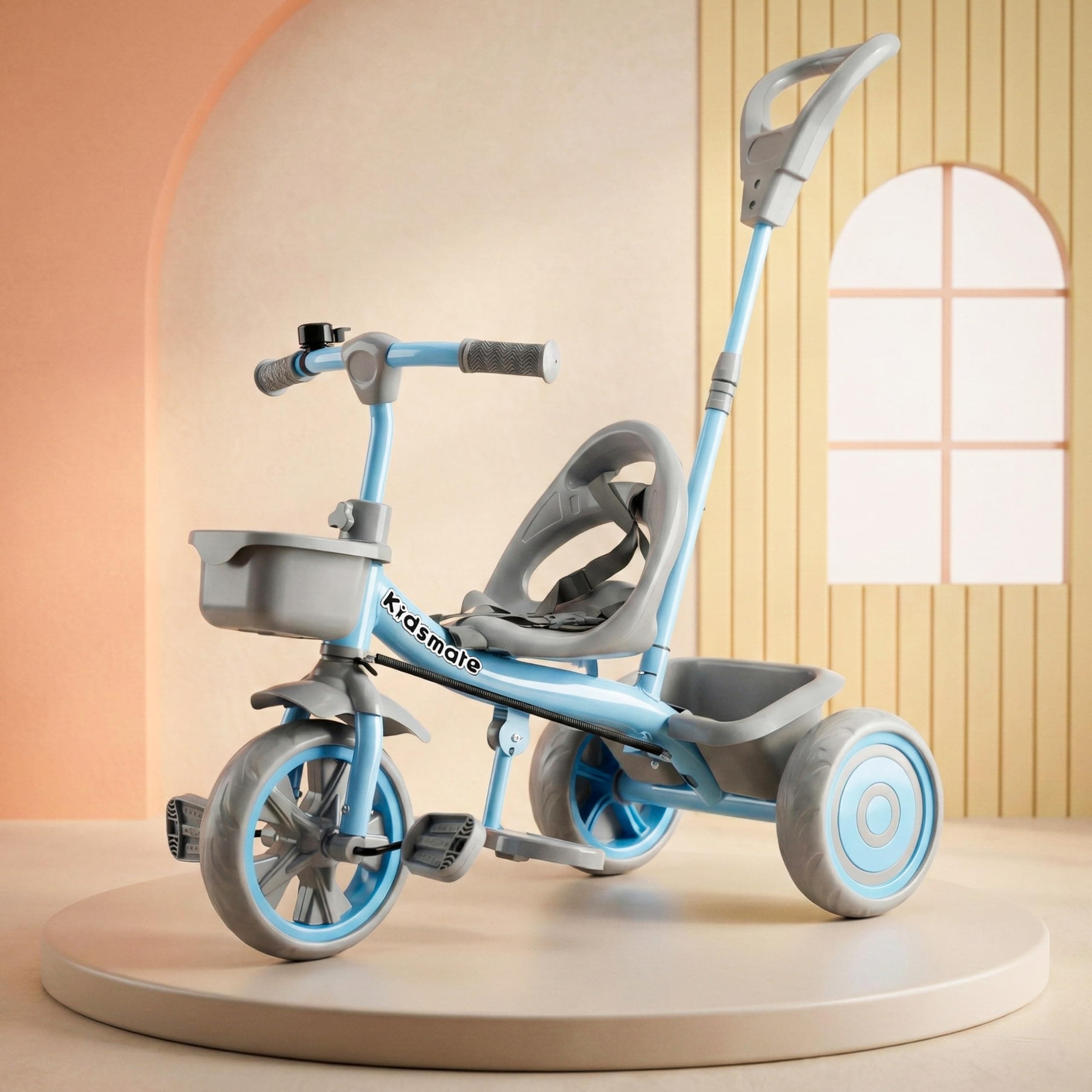 Kidsmate Junior Tricycle for Kids with Parental Control | Cycle for Kids 1-4 Years | Baby Cycle | Bicycle with Storage Basket, Cushion Seat and Seat Belt Carrying Capacity 30 Kgs (Blue-Grey)