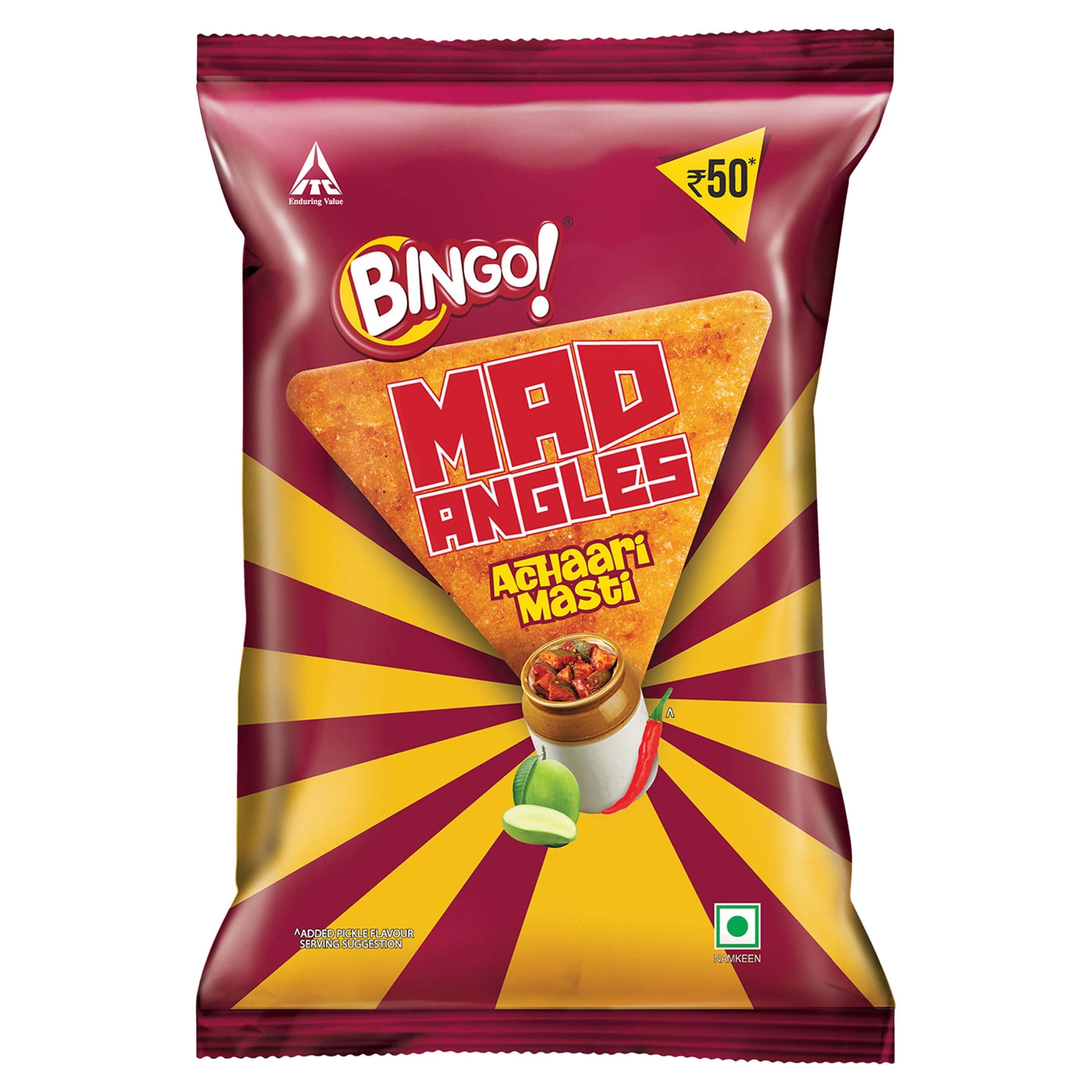 Bingo! Mad Angles Achaari Masti – Desi Mango Pickle Flavour Crunchy Triangle Chips | Tasty Snack for Any Time Cravings, 124.8g/117g(weight May Vary)