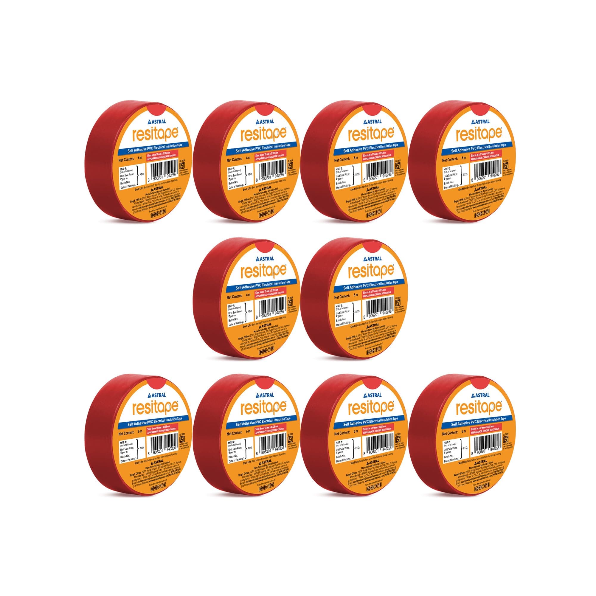 Astral Resitape PVC Insulation Tape, Red | 6 mtr x 17 mm x 0.125 mm| Pack of 10 | Fire-Retardant | Resistance to Moisture, Acid & Alkalies | Excellent Elasticity & Durability | Strong Grip & Adhesion