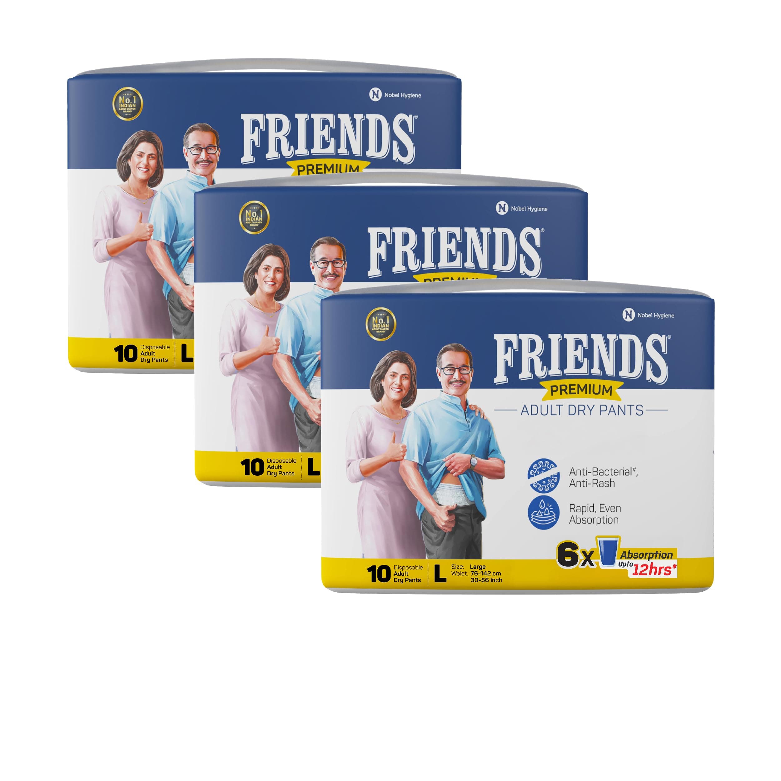 Friends Premium Adult Diaper L Size Pants | 30 Count (Large) | Waist 30-56 inch |12 Hrs Protection | Leakproof | Quick & Even Absorption | Unisex| Wetness Indicator | Odour Lock | Superior Softness | Elastic Waist & Anti-Bacterial Absorbent Core