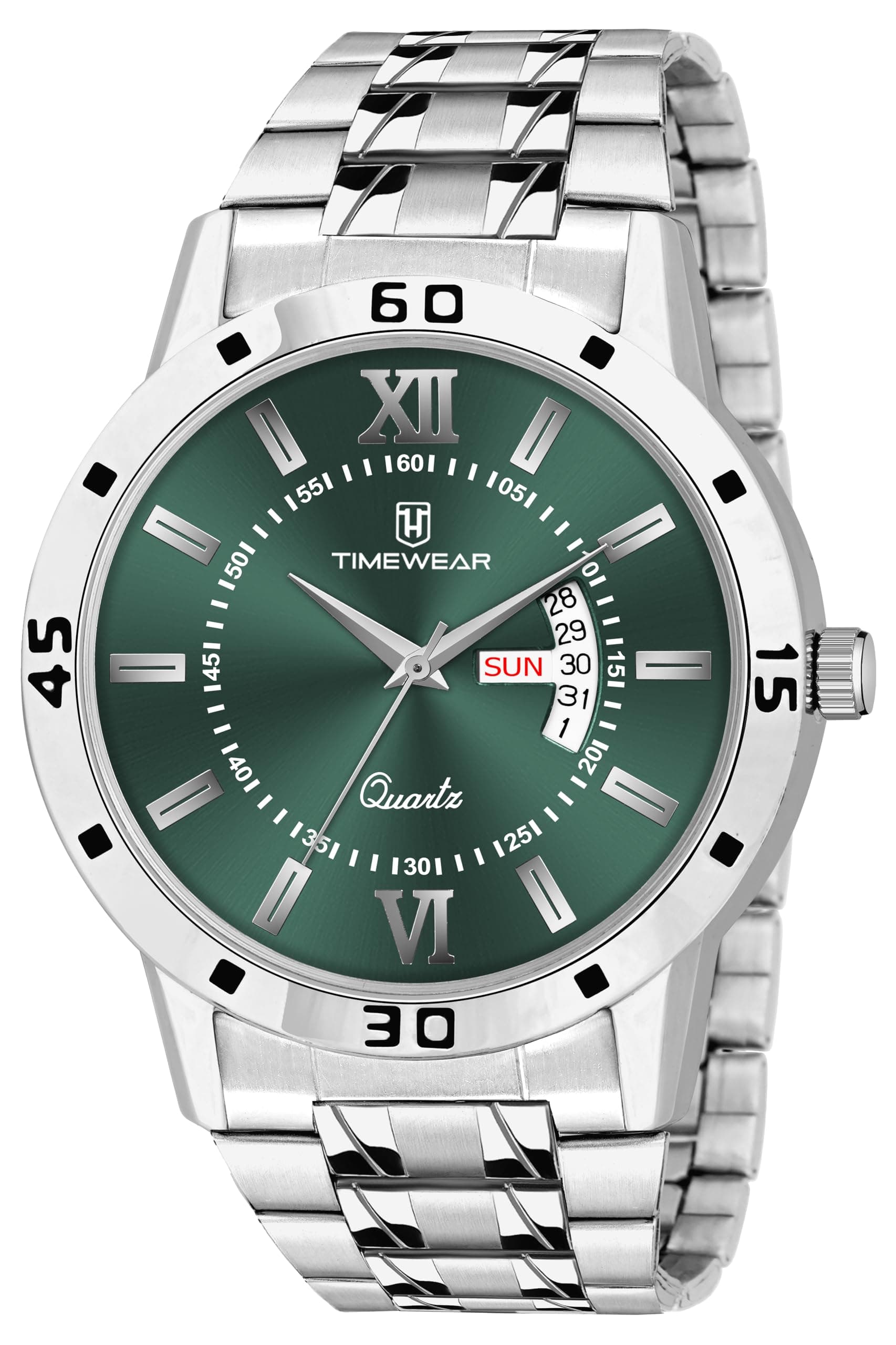 TIMEWEAR Analog Green Dial, Day Date Functioning, Stainless Steel Chain Watch for Men