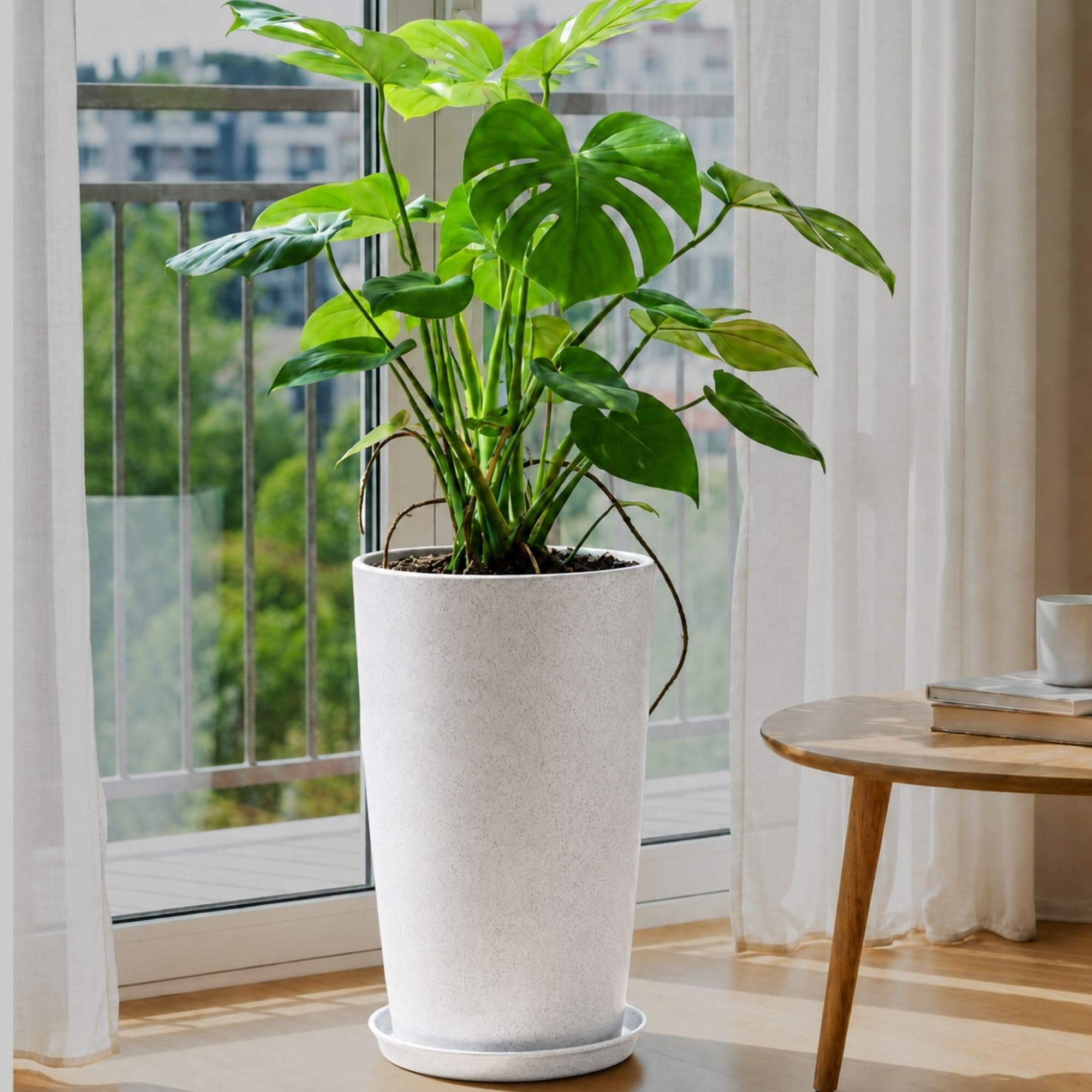 Kraft Seeds Qutub 18 Inch Tall Planter for Plants - White Marble-Look Polymer Pot with Tray | UV Treated, Lightweight & Durable Big Floor Planter for Living Room, Balcony, Garden, Office Decor