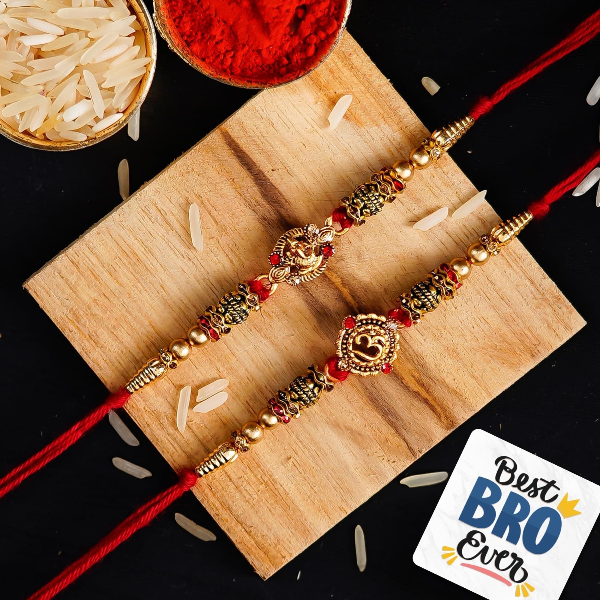 eCraftIndia Set of 2 Designer Rakhi for Brother with Best Bro Ever Fridge Magnet & Roli Chawal Pack | Raksha Bandhan Rakhi Combo for Bhaiya Bhai | Traditional Decorative Festive Thread Set