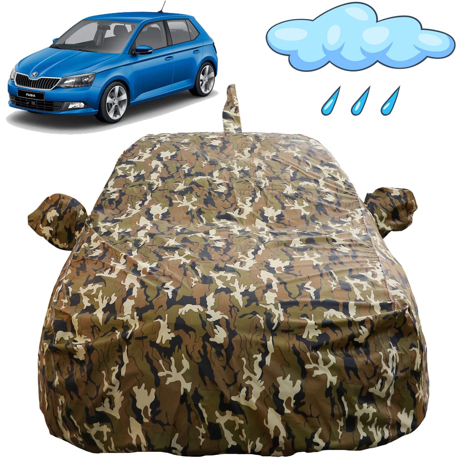 Rapid Waterproof Car Cover with Mirror & Antenna Pockets, Camouflage Design, Non Woven Fabric,Triple Stitched, Compatible with Skoda Rapid Car Cover (2011 to 2024), Rapid Car Accessories