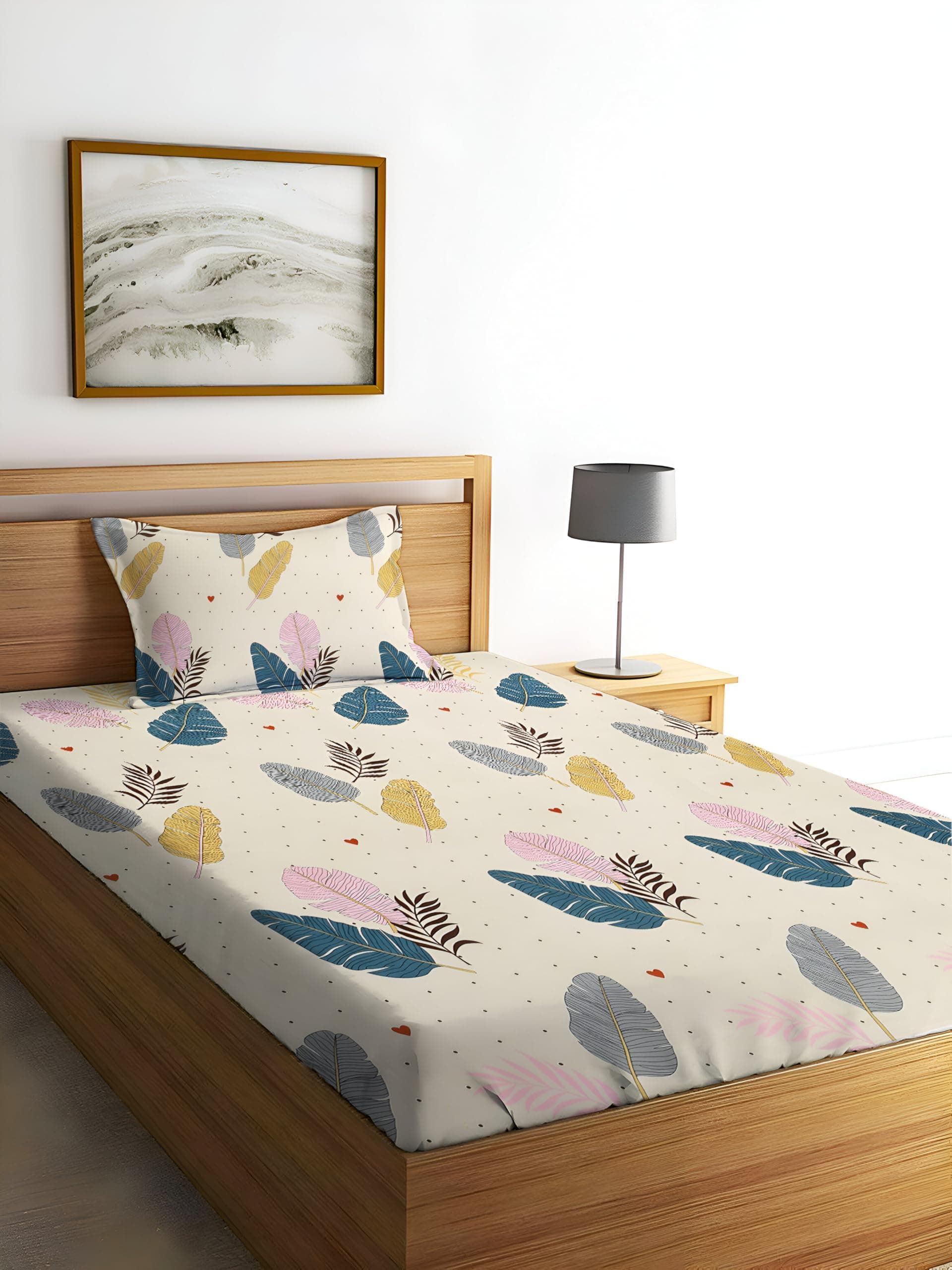 Home Stylish 280 TC Floral Print Ezyption Cotton 1 Single Bedsheet with 1 Pillow Cover Cream