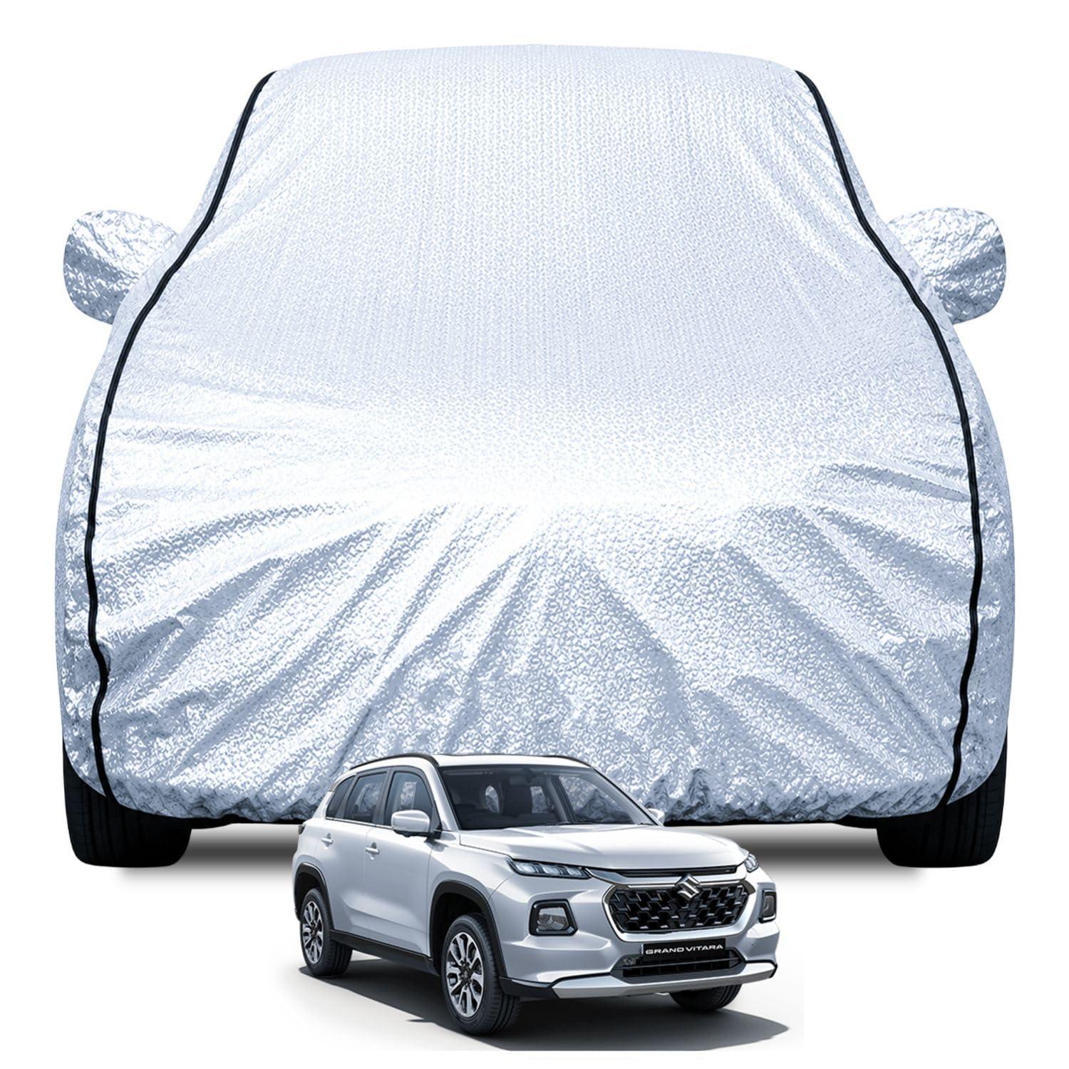 FABTEC Waterproof Car Body Cover for Maruti Grand Vitara with Mirror Pocket, Soft Cotton Lining, Triple Stitched (Heat Resistant Metallic Silver with Black Piping)