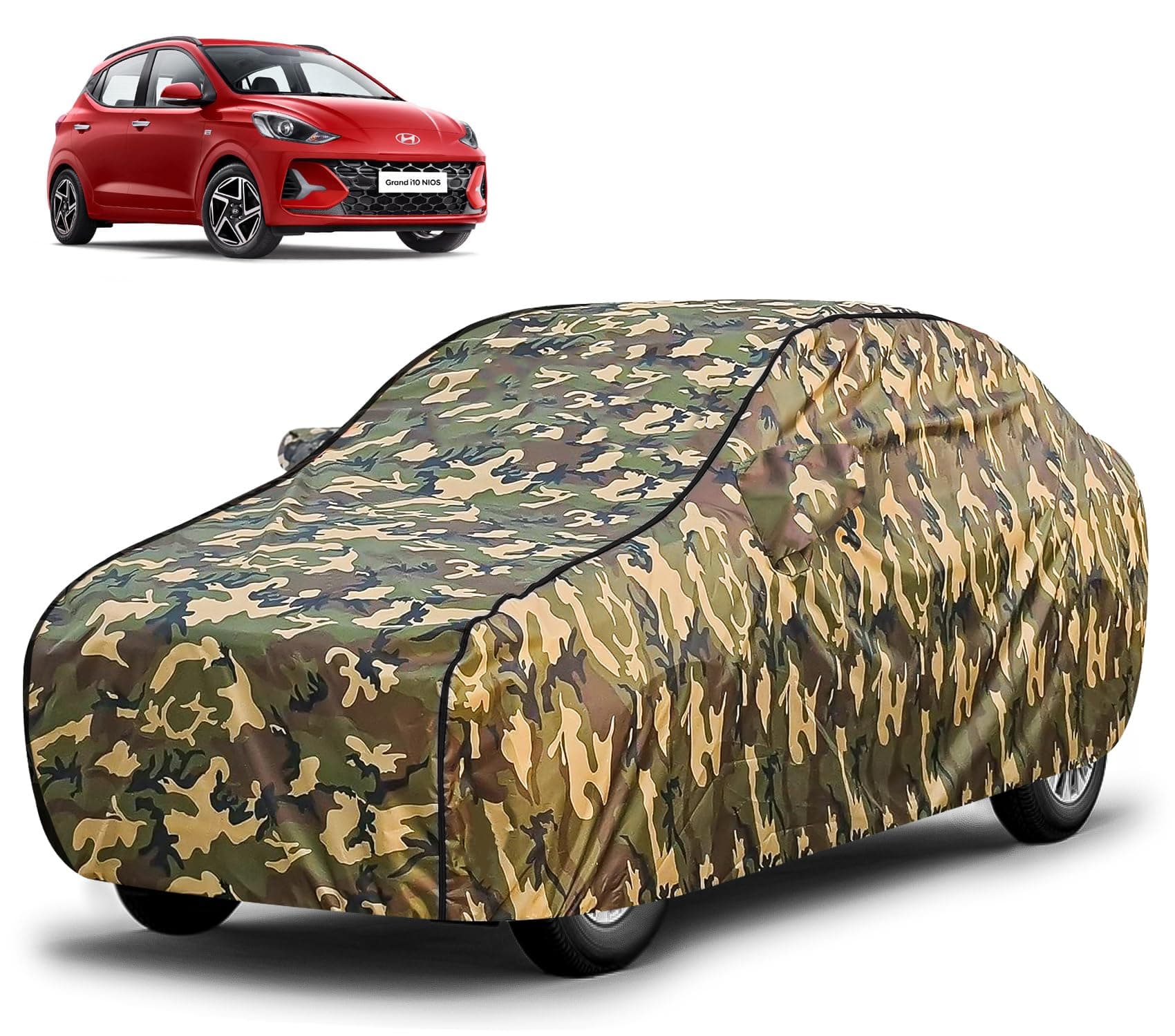 FABTEC Waterproof Car Body Cover for Hyundai Grand I10 Nios with Mirror Pocket, Triple Stitched (Military, Jungle Print, Camouflage Design)