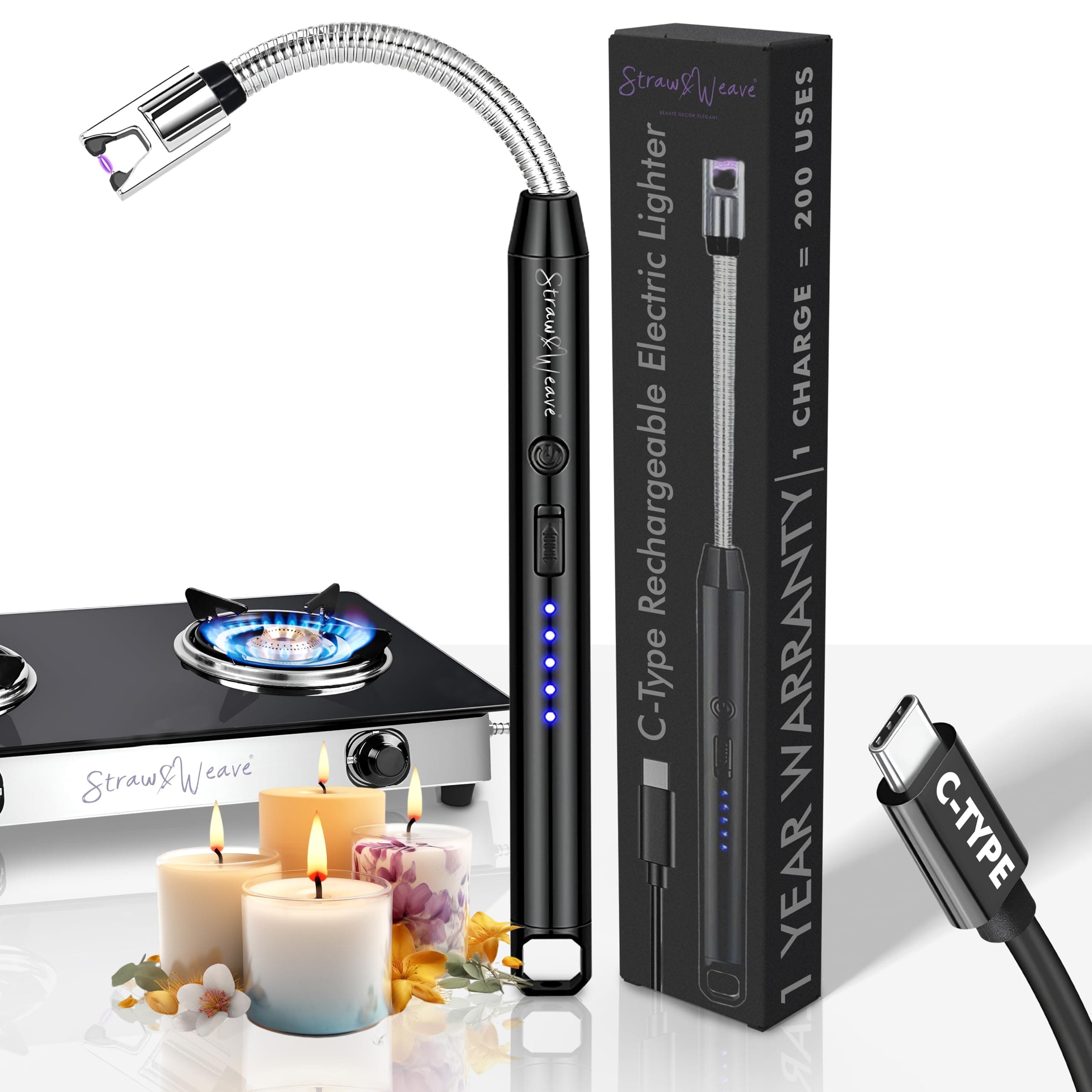 Rechargeable Electric Gas Lighter for Kitchen, Lighter for Gas Stove, Candles, Pooja, 1 Year Warranty, C-Type USB, Kitchen Tools, Multi Purpose - 360° Flexible & Windproof, Black