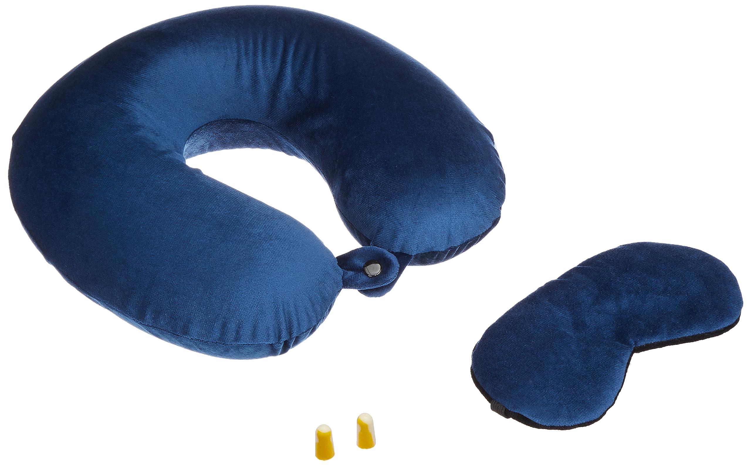 Amazon Basics 100% Memory Foam Travel Neck Pillow with Eye Mask and Ear Plugs Combo|Ergonomically Designed for Ultimate Comfort, Perfect for Air, Car, Train, Bus Travel - Navy Blue, Standard Size