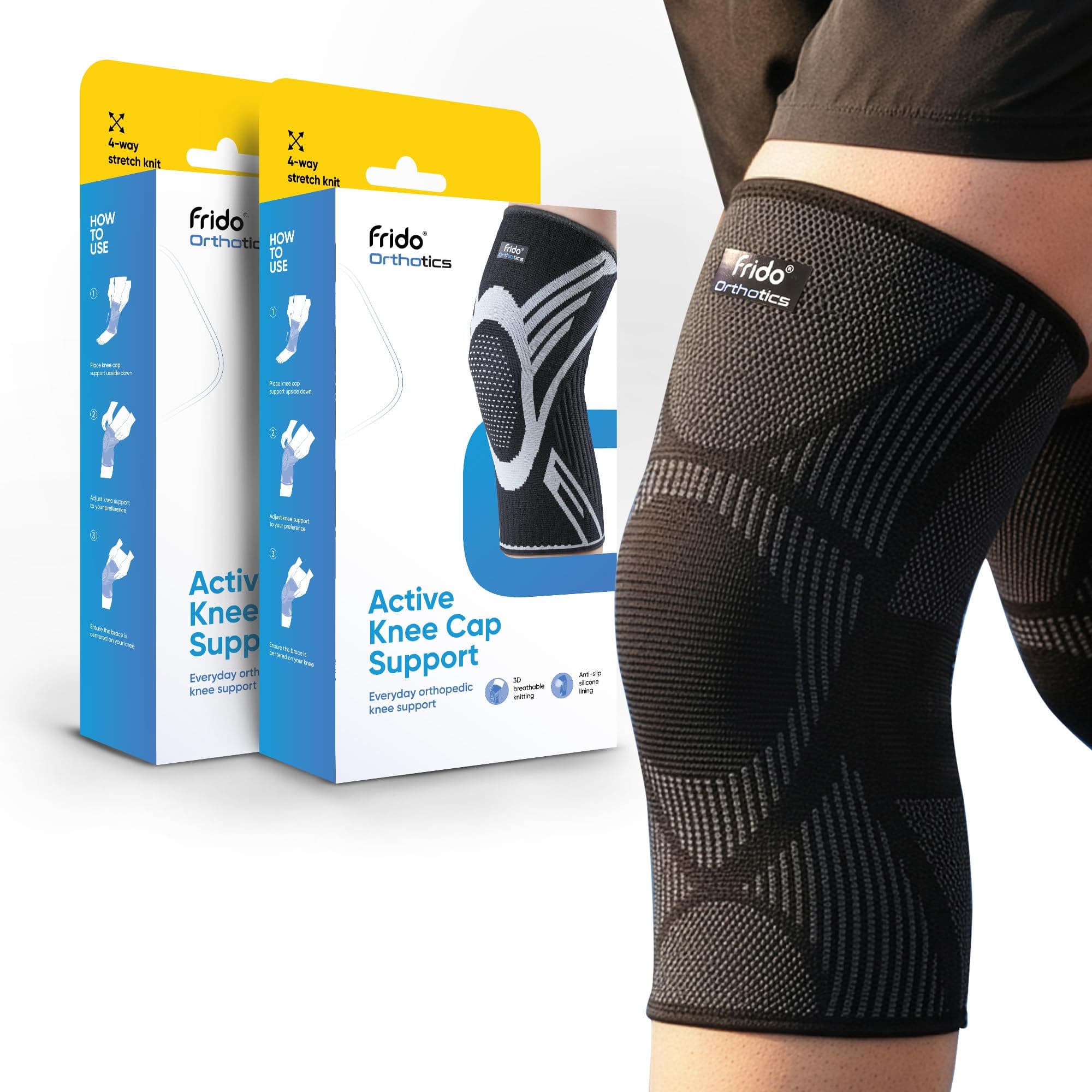 Frido Active Knee Cap Support for Men & Women | Active Compression for Pain Relief & Joint Support | Knee Sleeve for Gym, Running, Jogging, Sports & Workout | Anti-Sweat Knee Brace (2 Pair) Core Black, M