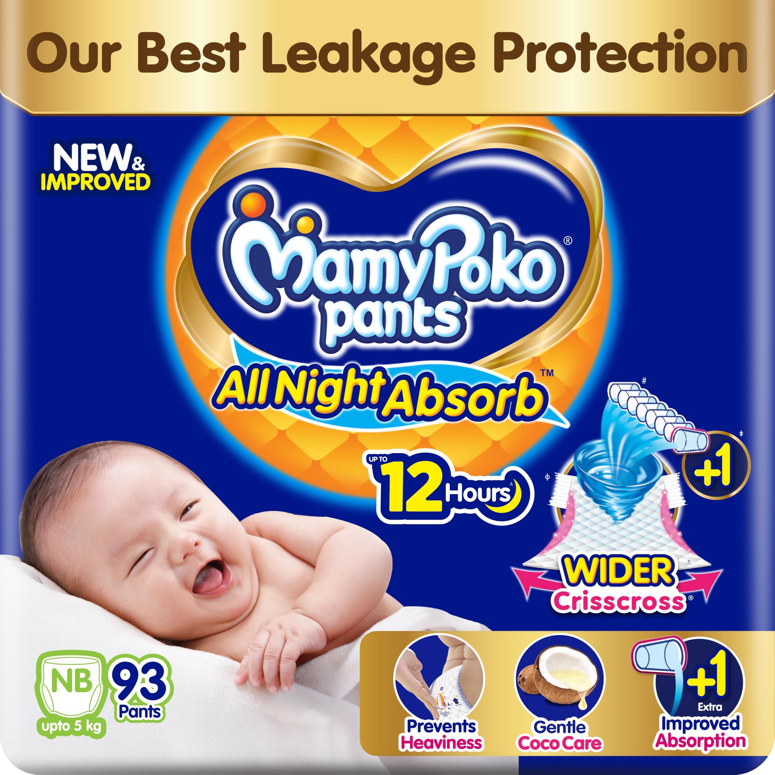 MamyPoko New Pants All Night Absorb|Pantstyle Baby Diapers New Born Size(XS), 93 Count,Ideal for upto 5Kgs|1 Diaper=Upto All Night Absorption now with increased power of +1glass|Wider Crisscross Sheet