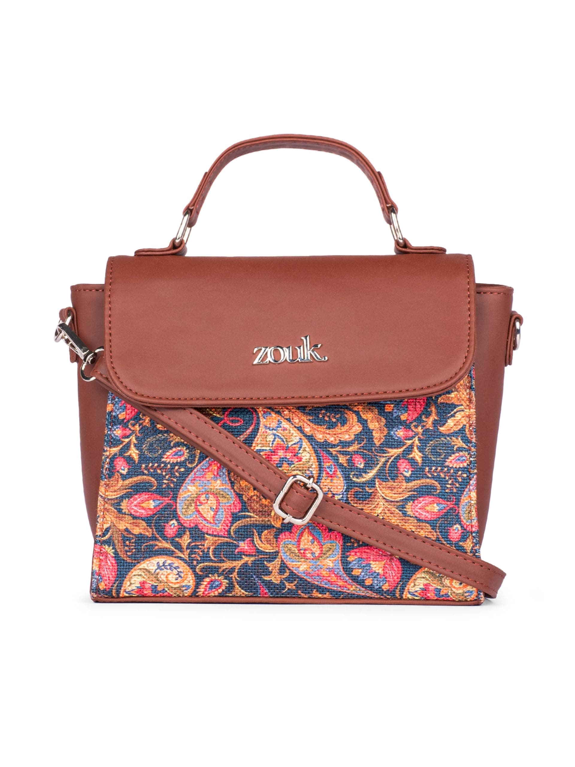 ZOUK Paisley Printed Vegan Leather Pink Statement Sling Bag With Handle For Women's Girls