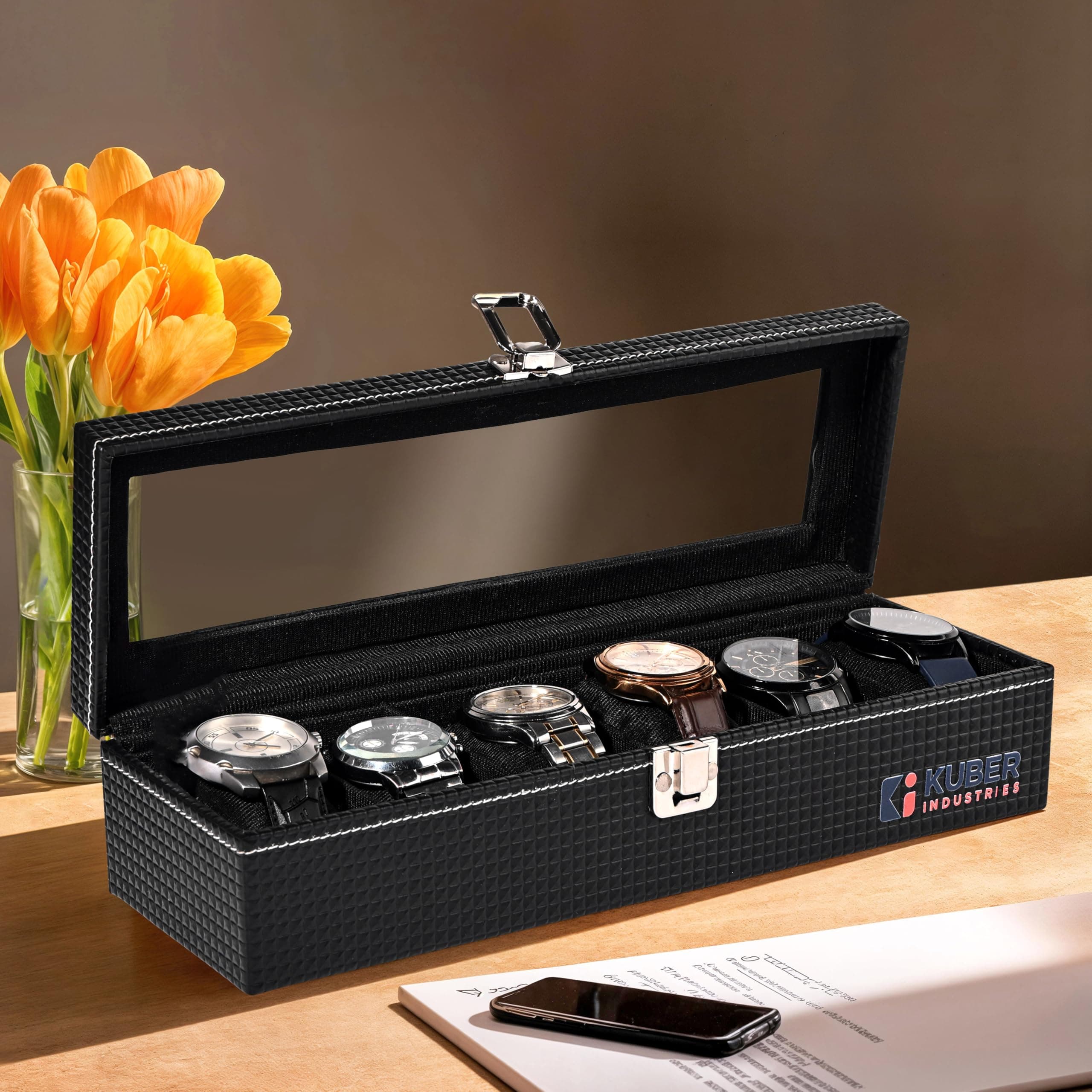 Kuber Industries Premium Faux Leather See Through 6 Slots Wrist Watch Organiser Box for Men & Women | Watch Storage Box Organizer | Watch Collection Box/Case/Holder | Black