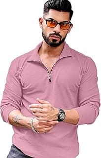 KAJARU Men's Polyester Blend T Shirt with Spread Collar Neck Line Zipper Closure Full Sleeves Solid Pattern Regular Fit and Standard Length