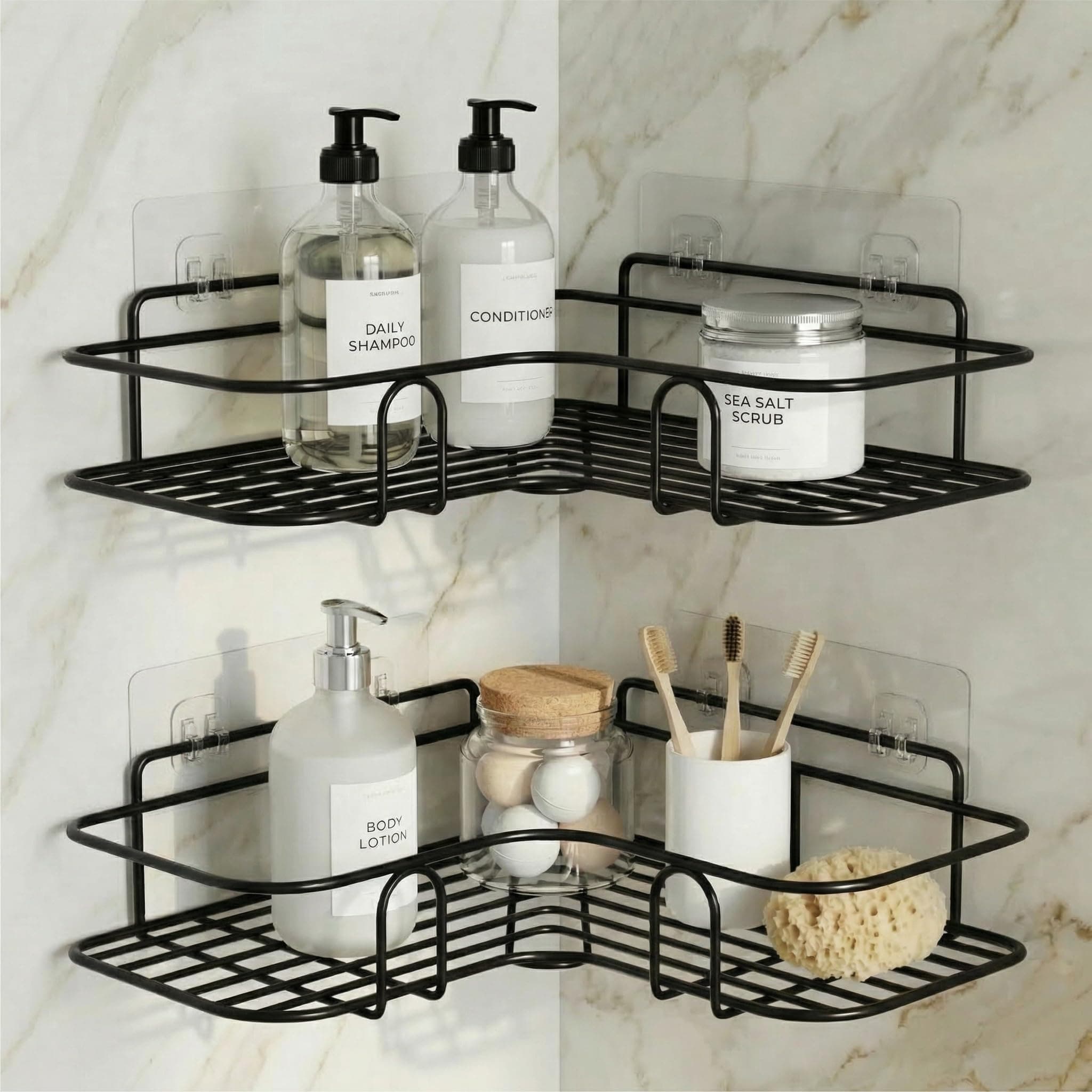 DALUCI Set of 2 Metal Bathroom Corner Shelf Rack | No Drilling Self Adhesive Wall Mounted Storage Organizer for Bathroom & Kitchen | Rustproof Bathroom Shelves (8 & 9 INCH, Black)