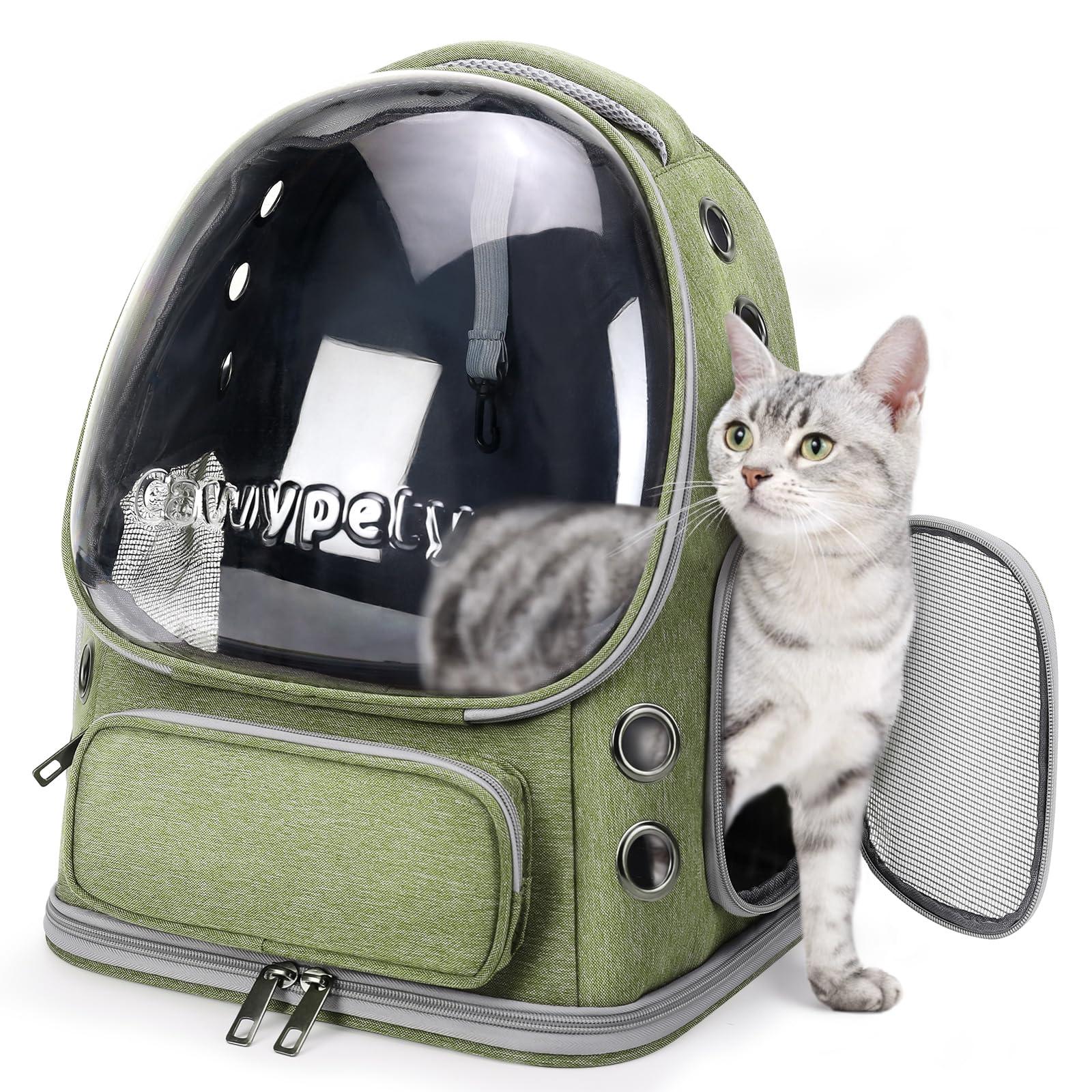 Cawypety Cat Backpack Carrier, Breathable Cat Carrier Large Space Bubble Pet Backpack For Kitty Small Dog Up To 15Lbs, Transparent & Foldable Pet Carrier For Travel Hiking (Green)