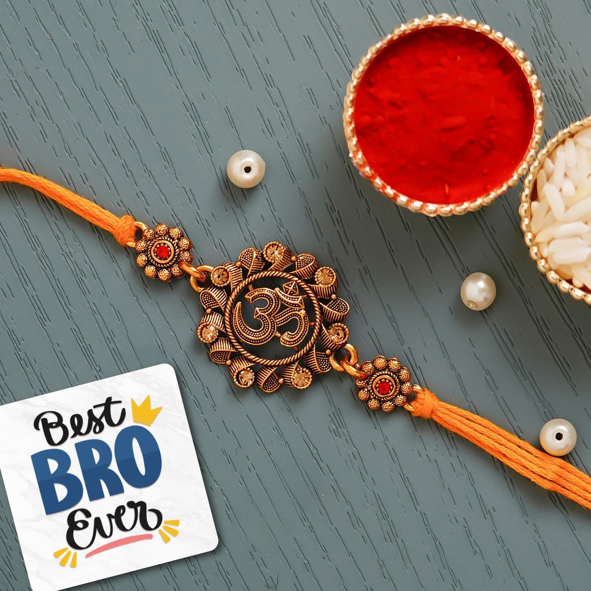 eCraftIndia Orange Religious Om Rakhi for Brother with Best Bro Ever Fridge Magnet & Roli Chawal Pack | Raksha Bandhan Rakhi for Bhaiya Bhai | Traditional Spiritual Festive Thread