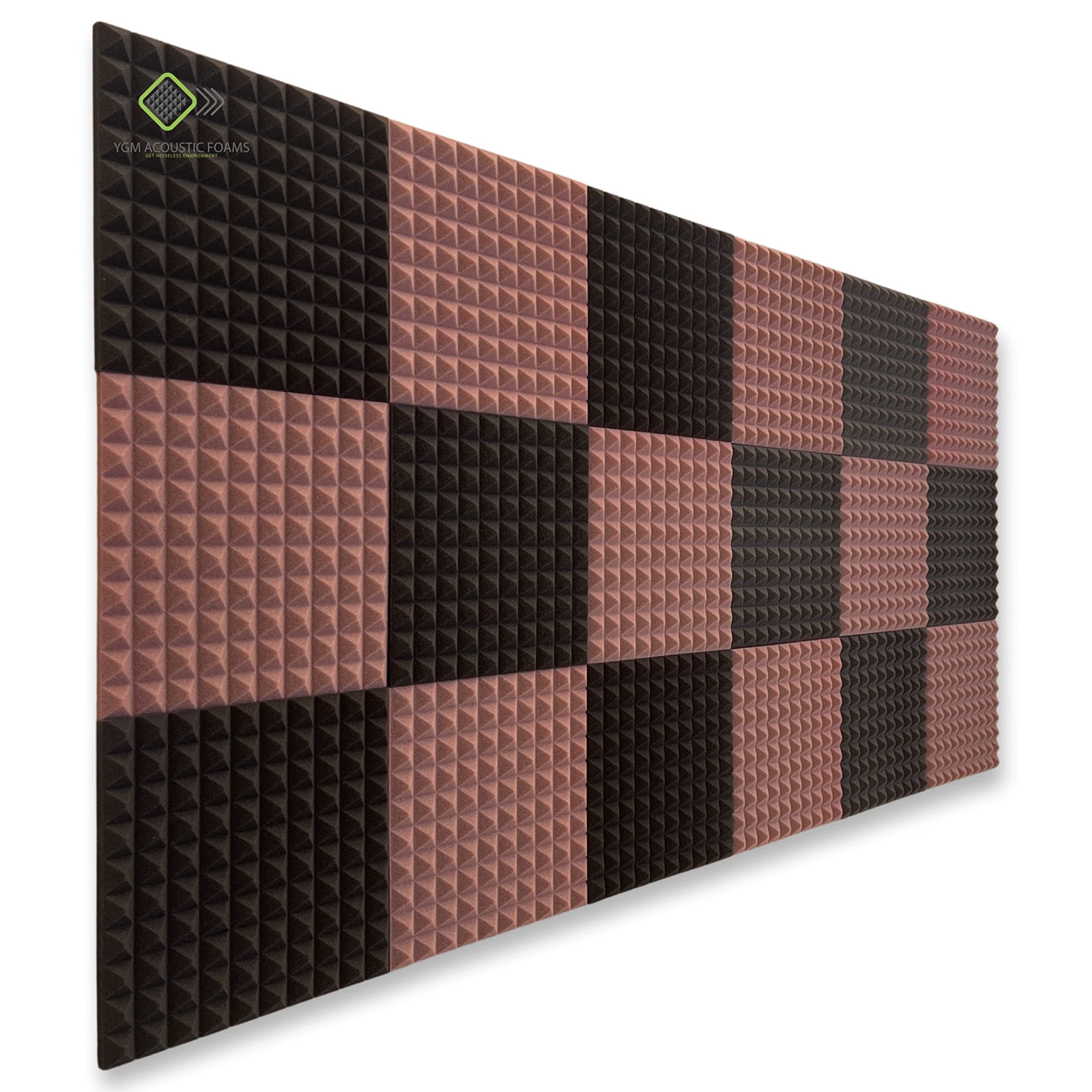 YGM Acoustic Foams® Pyramid Acoustic Panels 1'×1'×1″ Thick | 50 Density Acoustical Sound Proof Foam for Room & Studio | Echo Reduction & Noise Absorption | Set of 18 (Coffee & Black)