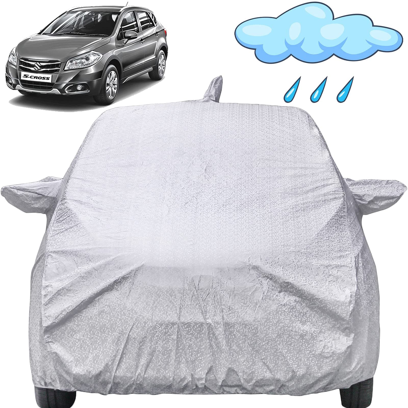 Scross Waterproof Car Cover with Mirror & Antenna Pockets, Shinning Silver Design, Non Woven Fabric,Triple Stitched, Compatible with Maruti Scross Car Cover (2014 to 2022), Scross Car Accessories