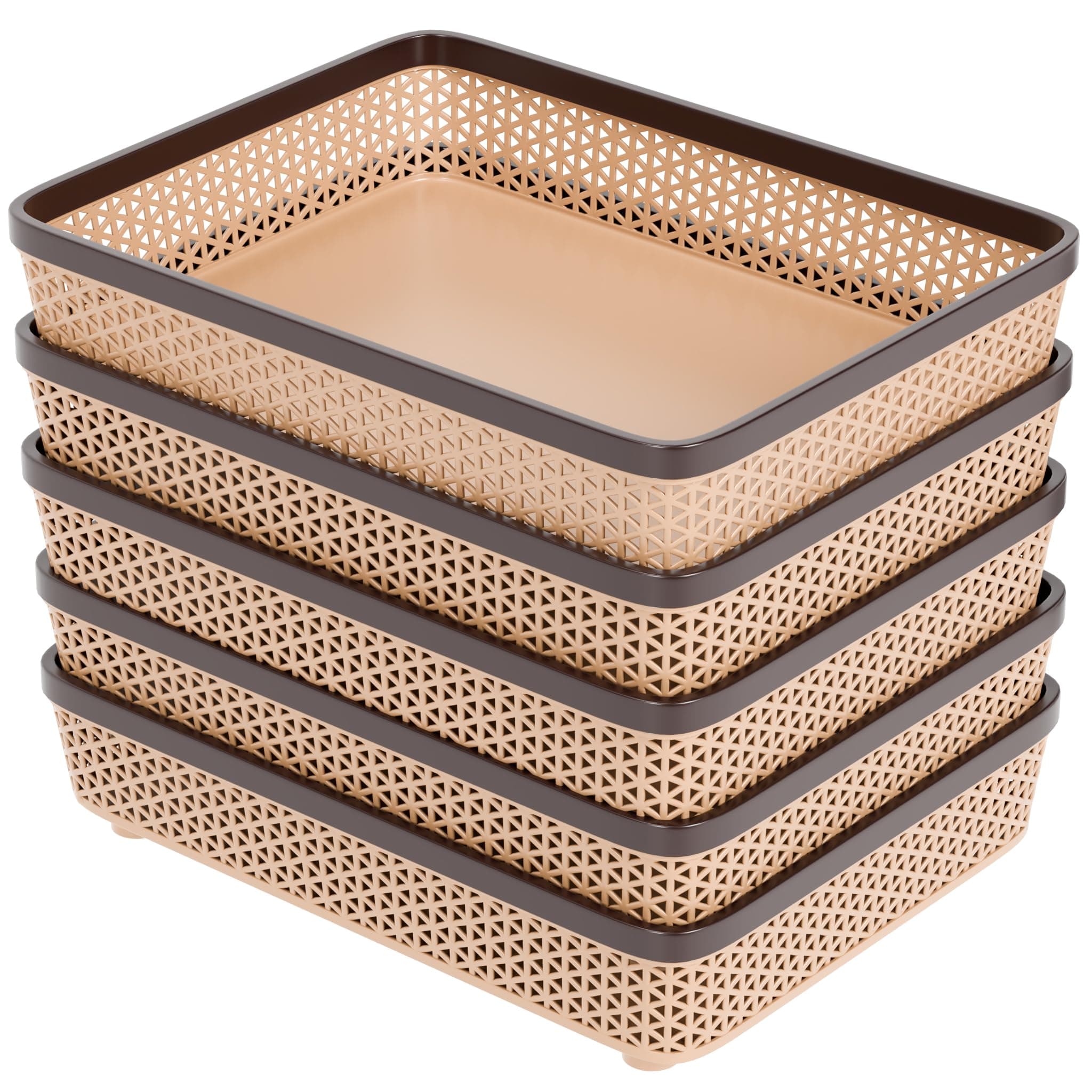 TEX-RO Plastic Trays for Storage Organizer | Multipurpose Tray for Kitchen, Office & Drawer | Storage Tray for Documents, Cosmetics, Stationery | Woven Design Basket - Brown, Pack of 5