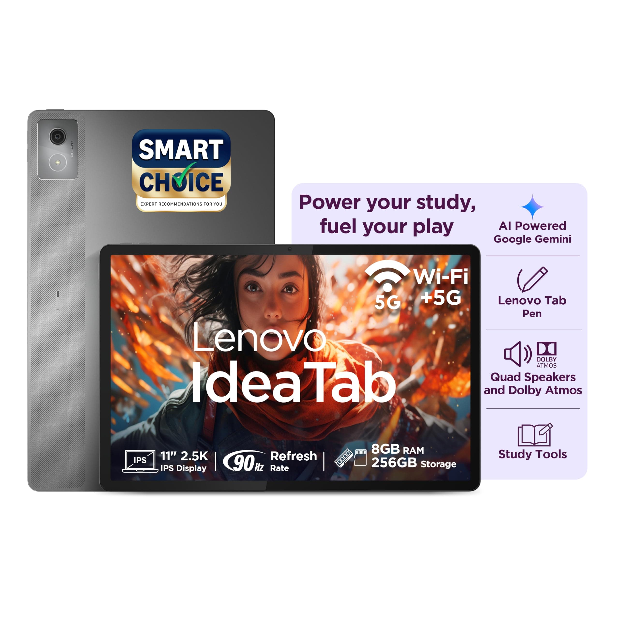 Lenovo Idea Tab Smartchoice |11-inch 2.5K Clear Display, 90Hz Refresh Rate, 8GB RAM, 256GB ROM| MediaTek Dimensity 6300| 7040mAh Battery|4 Speakers| USB-C |Wi-Fi + 5G |AI-Enabled, Luna Grey
