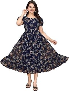 DHARESWAR ENTERPRISE Women's Georgette Dresses Floral Printed One Piece Stylish Long Maxi Western Frock Midi Dress for Women (Puffed Sleeves)