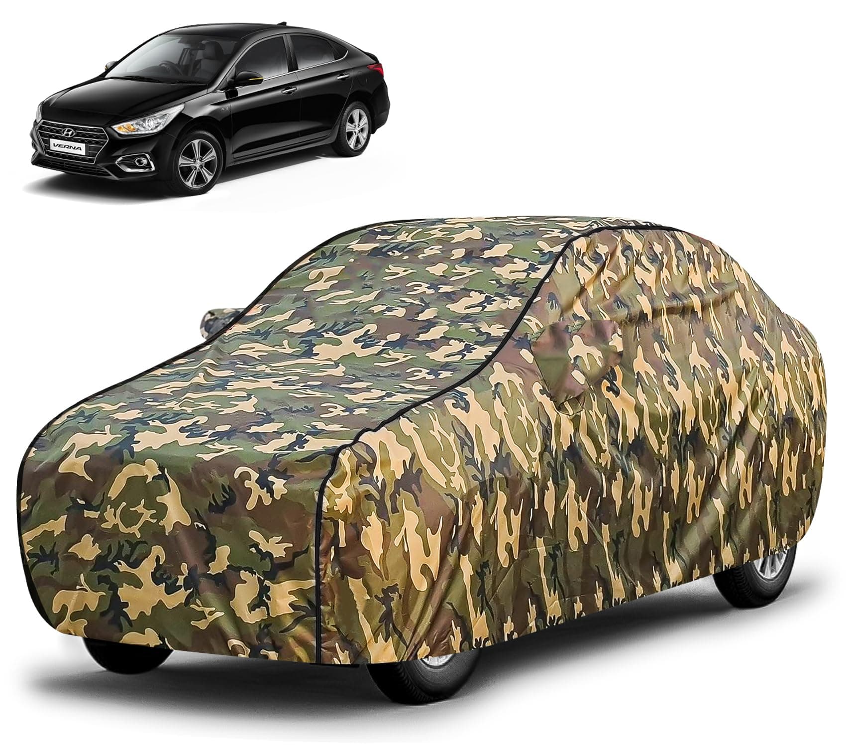 FABTEC Waterproof Car Body Cover for Hyundai Verna with Mirror Pocket, Triple Stitched (Military, Jungle Print, Camouflage Design)
