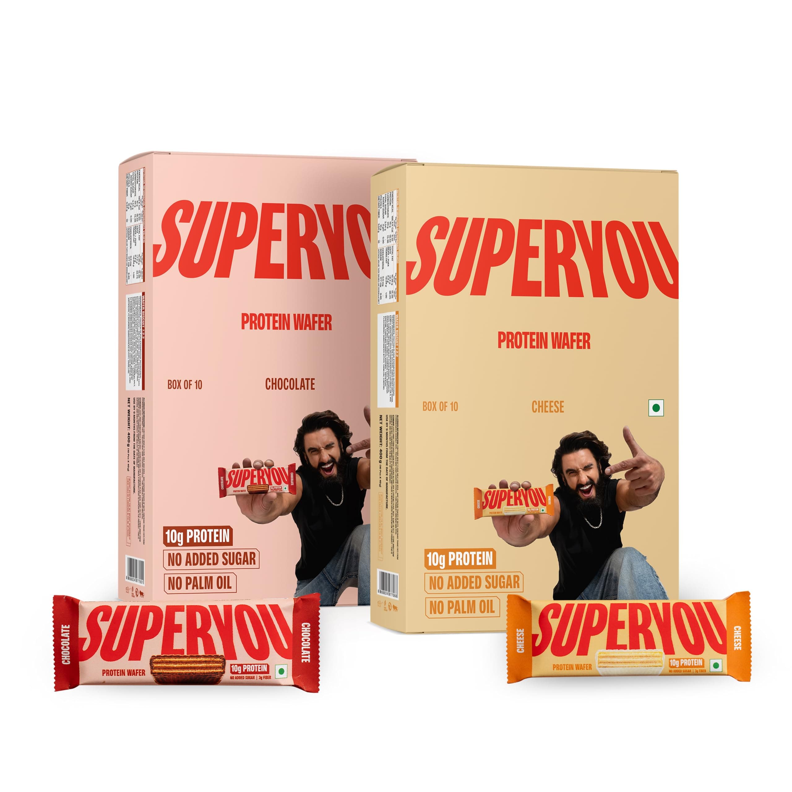 SuperYou Chocolate Protein Wafer Bars (Pack of 10) & Cheese (Pack of 10)|, 3g Fiber, No Added Sugar|Yeast Fermented Protein|Energy Bars|Crunchy Wafer Bar|100% Vegetarian|No Palm Oil | 800g