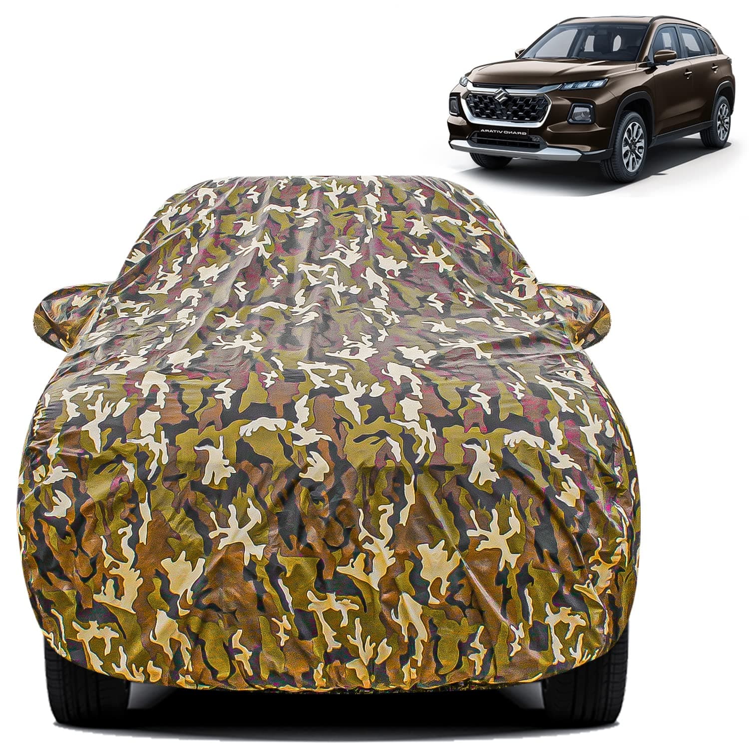 FABTEC Waterproof Car Body Cover for Maruti Grand Vitara with Mirror Pocket, Triple Stitched (Military, Jungle Print, Camouflage Design)