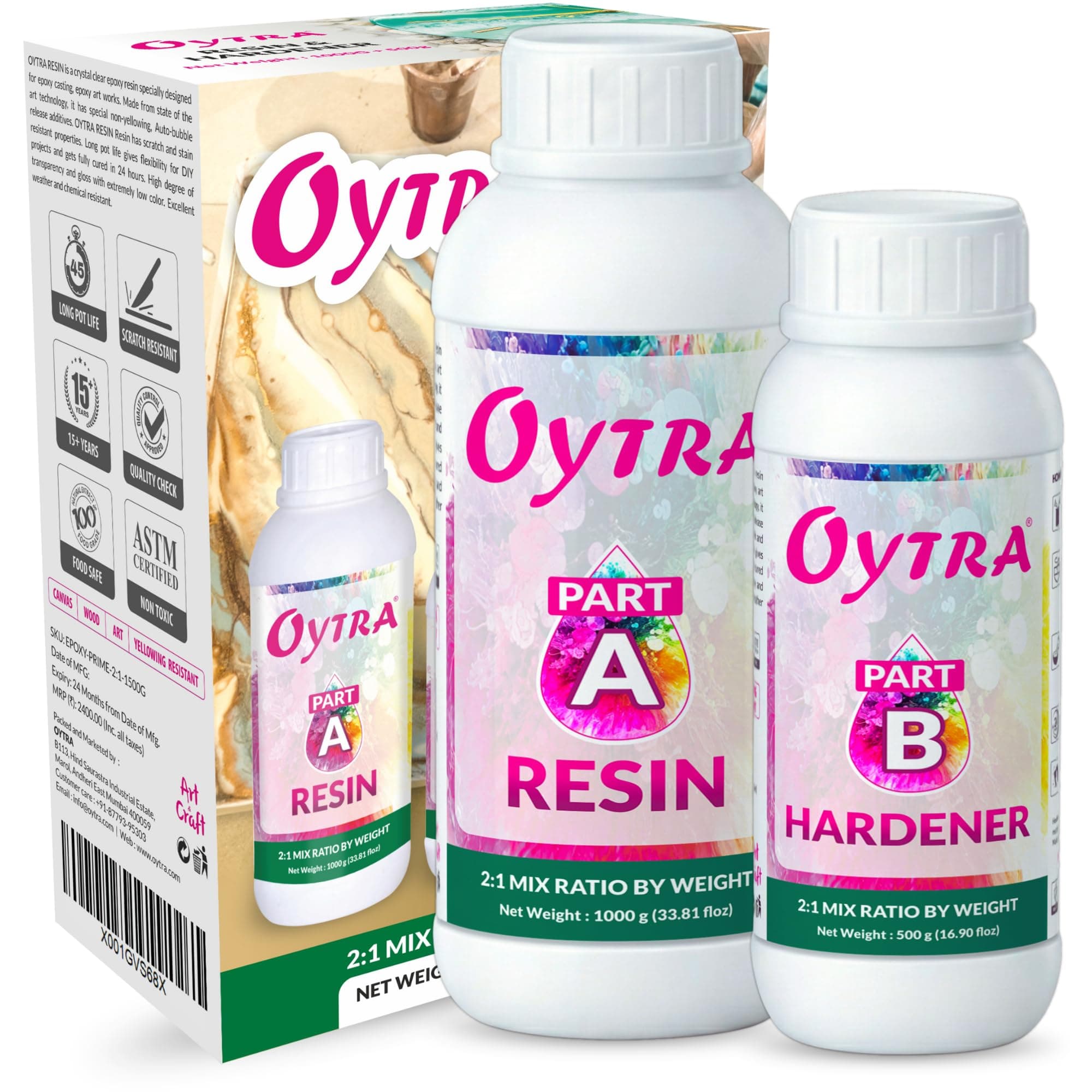 Oytra Epoxy Resin Liquid 2:1 Ratio Crystal Clear Bubble Free High Gloss Non Yellowing for Table Top Craft Art Jewellery & Coating Casting Projects for Beginners (1.5 Kg)