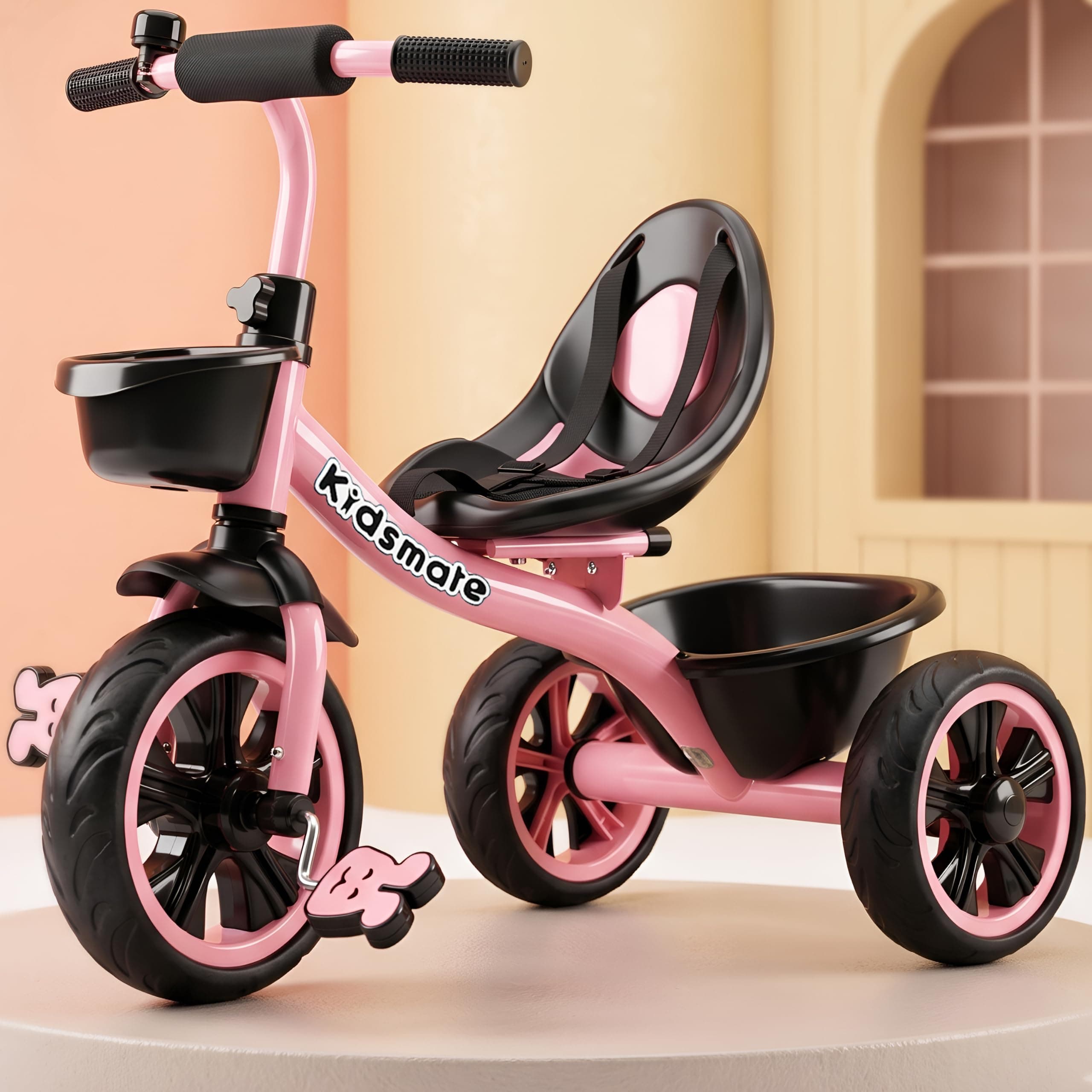 Kidsmate Zoom Trike Cycle for Kids 2-5 Years | Tricycle for Kids | Tricycle for Boys & Girls | Baby Cycle with Anti-Skid EVA Wheels, Bell, Front & Rear Basket, Comfortable Seat | 30kg Capacity - Pink