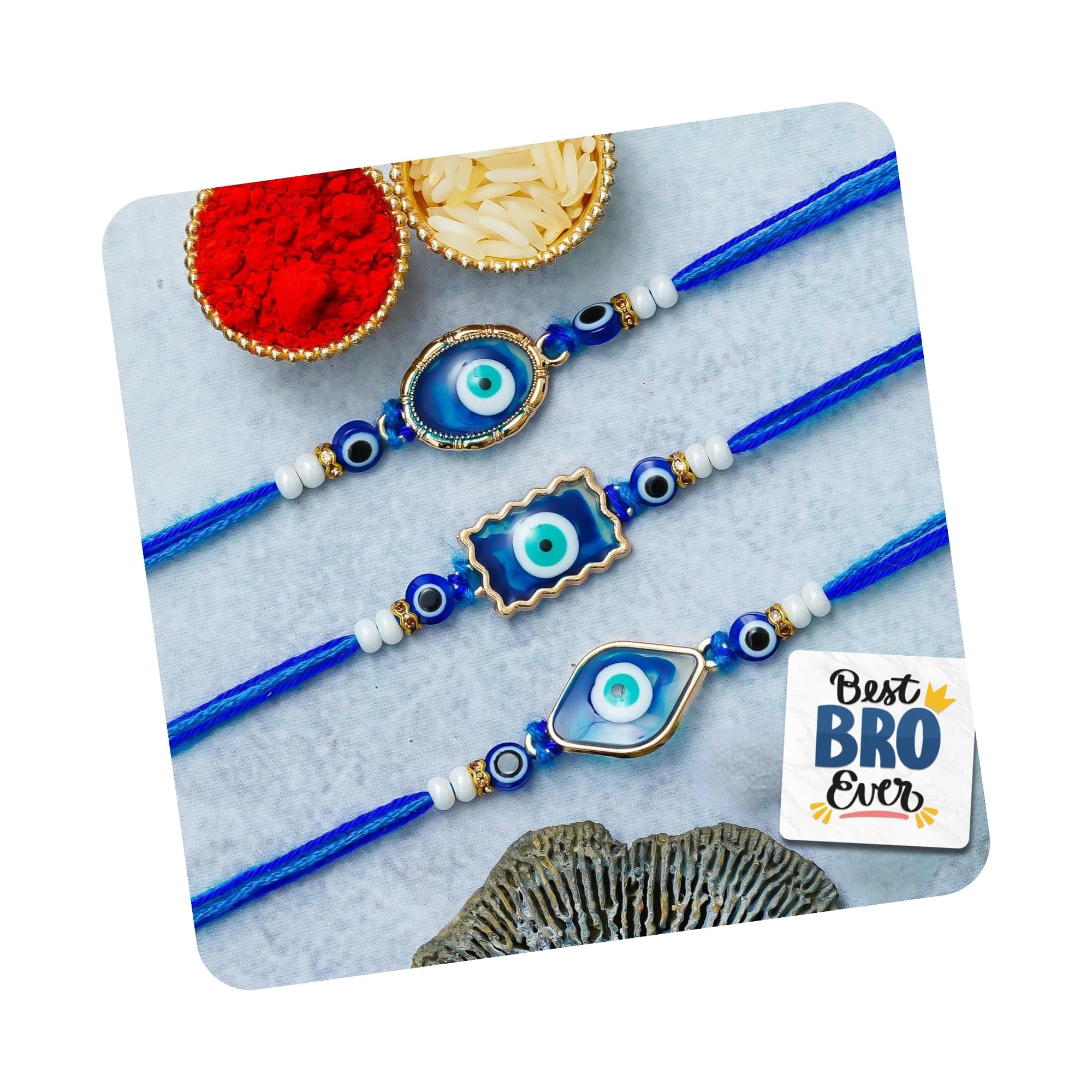 eCraftIndia Set of 3 Evil Eye Rakhis | Best Bro Ever Fridge Magnet | Roli Chawal Pack | Evil Eye Rakhi for Brother Bhaiya Bhai Bhabhi Kids