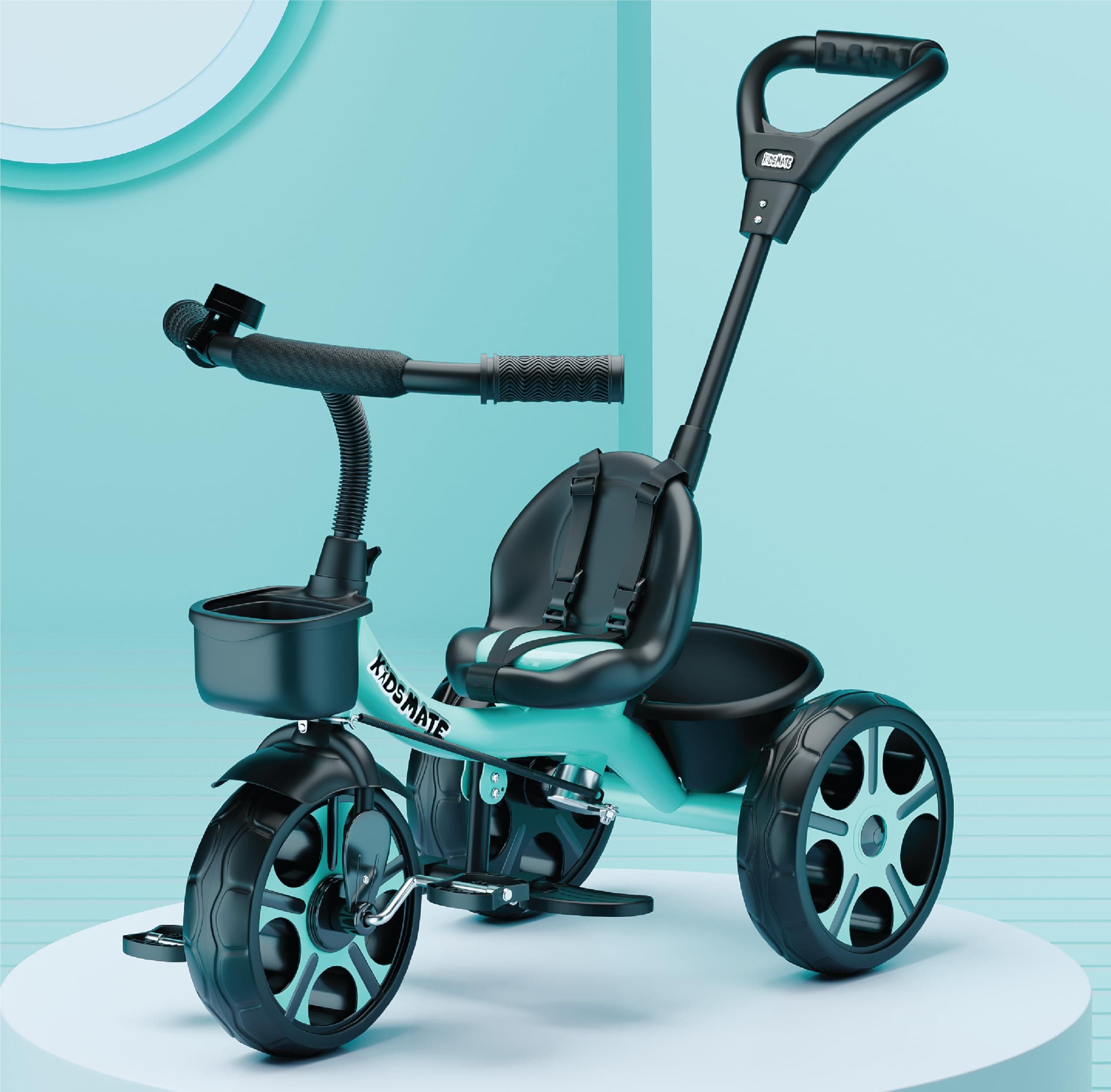 Kidsmate Junior Tricycle for Kids with Parental Control | Cycle for Kids 1-4 Years | Baby Cycle | Bicycle with Storage Basket, Cushion Seat and Seat Belt Carrying Capacity 30 Kgs (Sea Green)