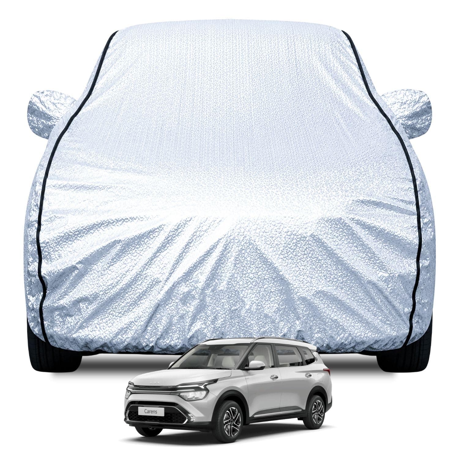 FABTEC Waterproof Car Body Cover for Kia Carens with Mirror Pocket, Soft Cotton Lining, Triple Stitched (Heat Resistant Metallic Silver with Black Piping)