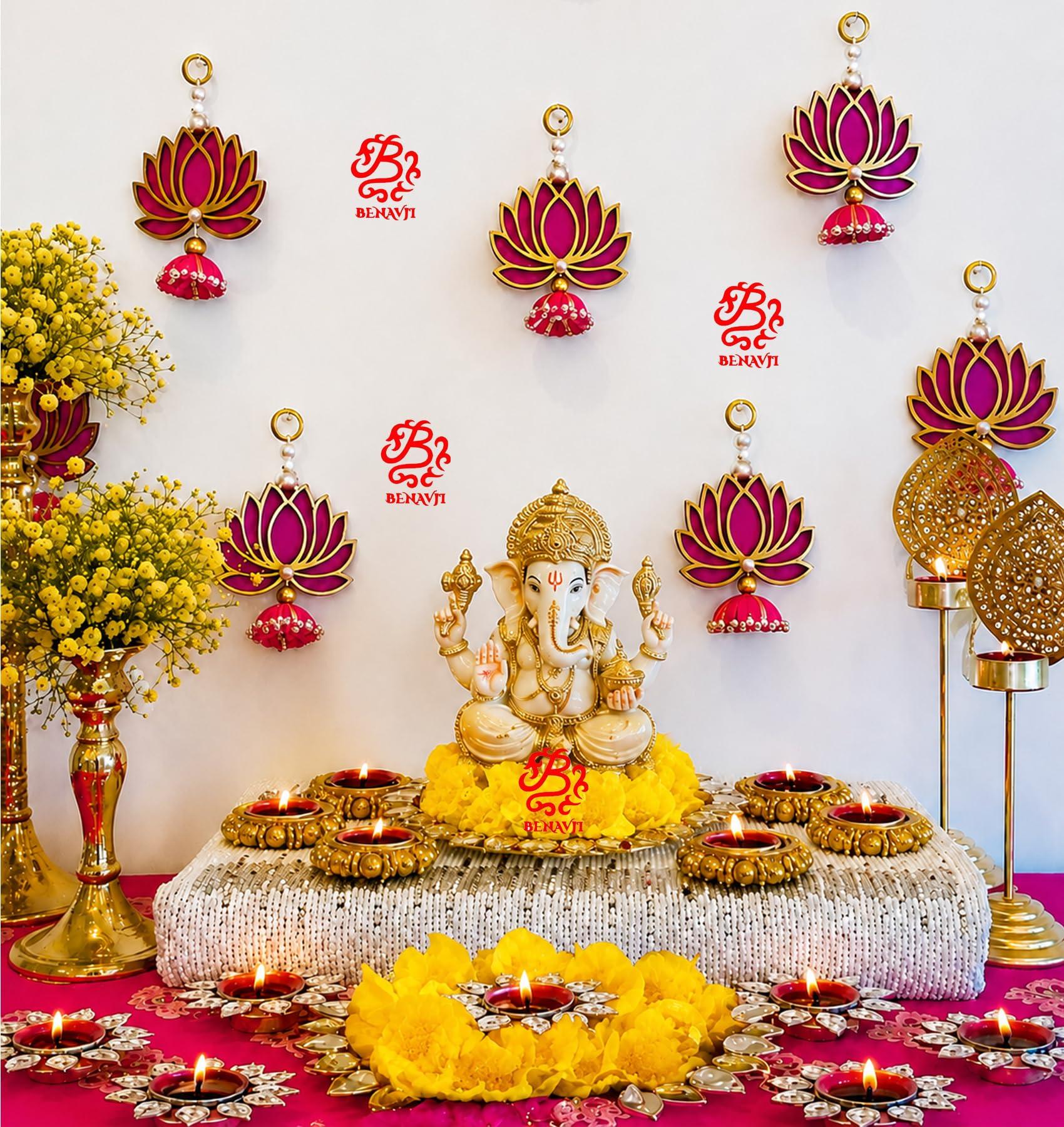 BENAVJI Home Decor Pink MDF Wood jhumki Style Lotus Pack of 6 for Diwali ganpati mandir and Pooja Rooms Festival Decoration Main Door toran Decorative wall Hanging