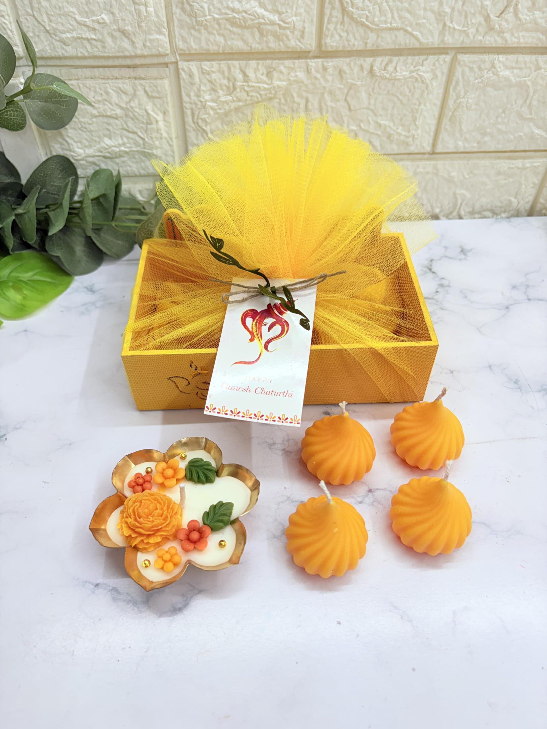 Yellow Petal® - Ganesh Chaturthi Candles Hamper, 1 urli and 4 Modak Candle with MDF Wood Base Gift Pack, Diwali and ganpati puja Gift
