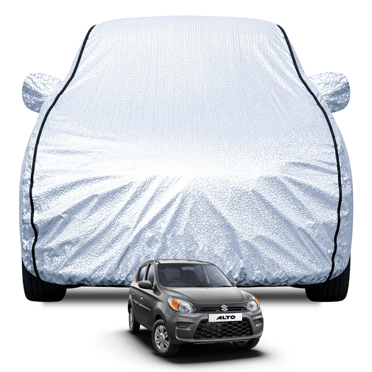 FABTEC Waterproof Car Body Cover for Maruti Alto 800 with Mirror Pocket, Soft Cotton Lining, Triple Stitched (Heat Resistant Metallic Silver with Black Piping)