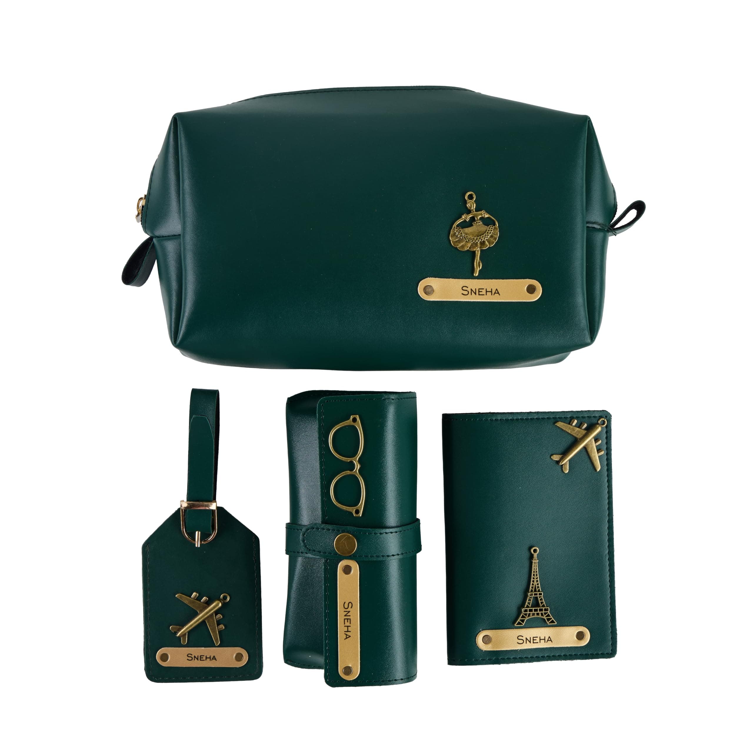 AICA Personalized Name & Charm Leather Travel 4pcs Gift Set Combo for Men & Women | Customized Travel Accessories Hamper | Gifts for Family and Friends | Gift for Girls & Boys (DarkGreen)