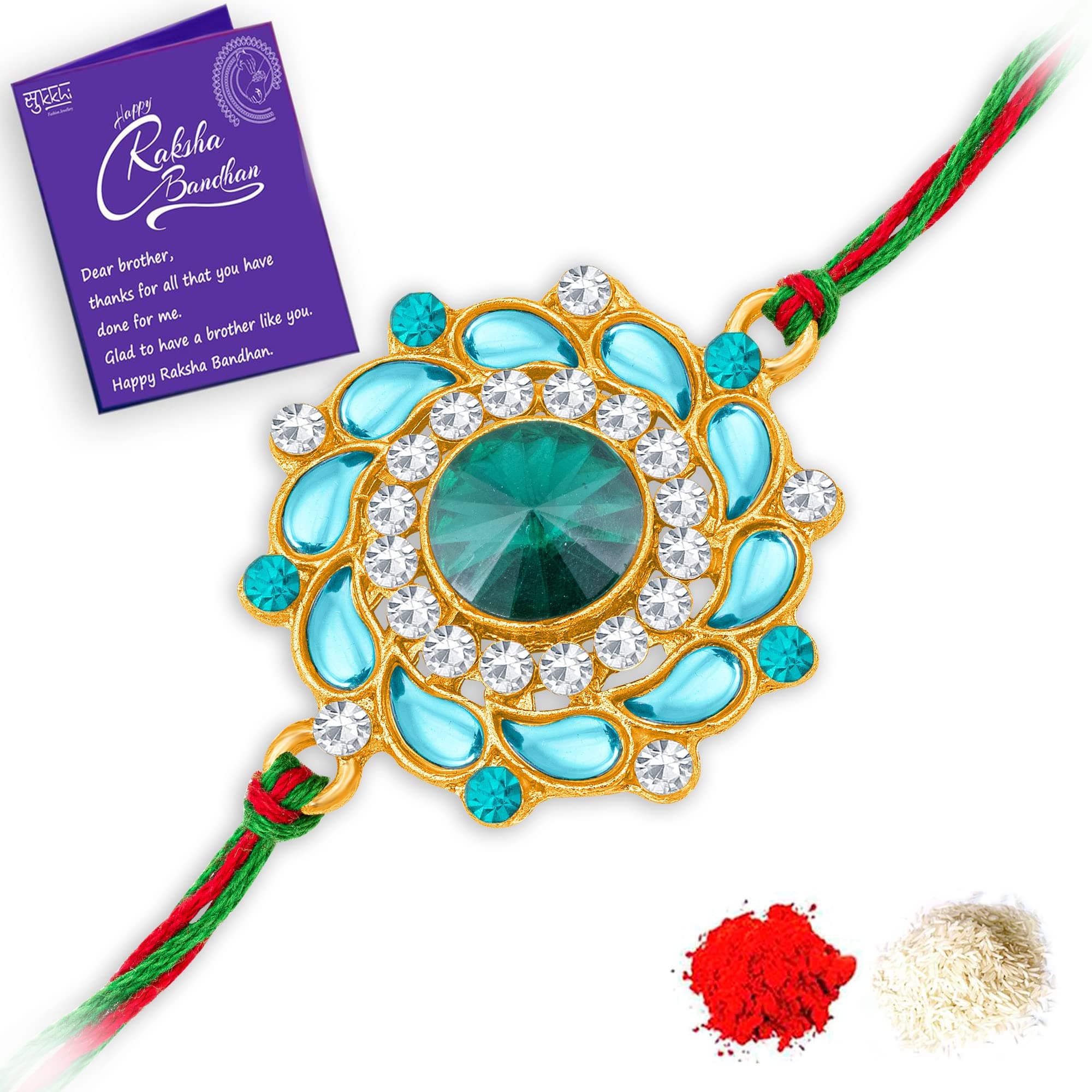 Sukkhi Mens Rakhi for Brother Magnifecent Kundan Designer Gold Plated with Roli Chawal & Greeting Card|RAK104493