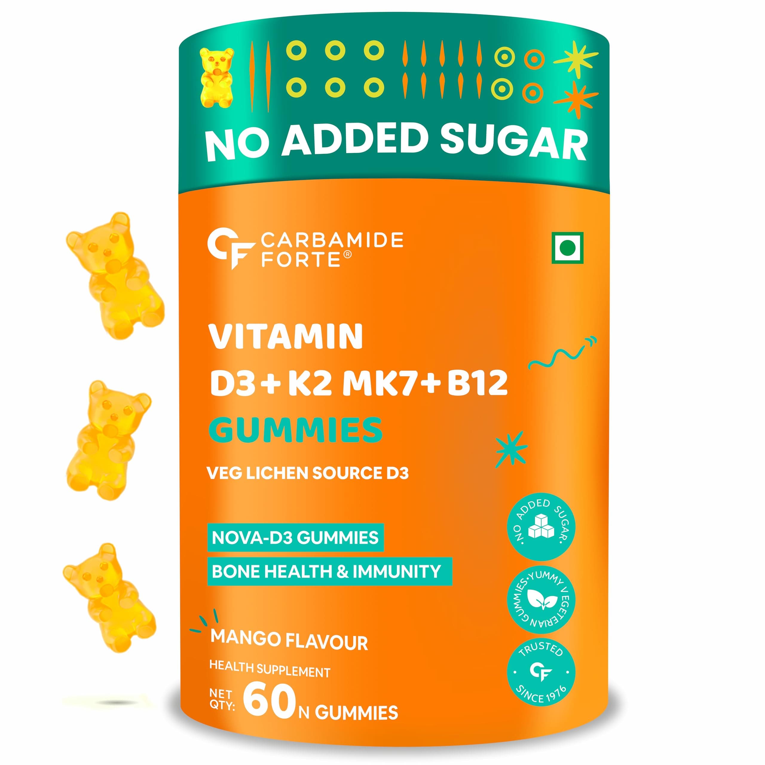 Carbamide Forte Vitamin D3 K2 B12 Gummies | Vitamin B12 Supplements & Vitamin D Supplement | Plant Based Veg Lichen Source D3 Supplement For Bone Health | Mango Flavor - 60 Gummies