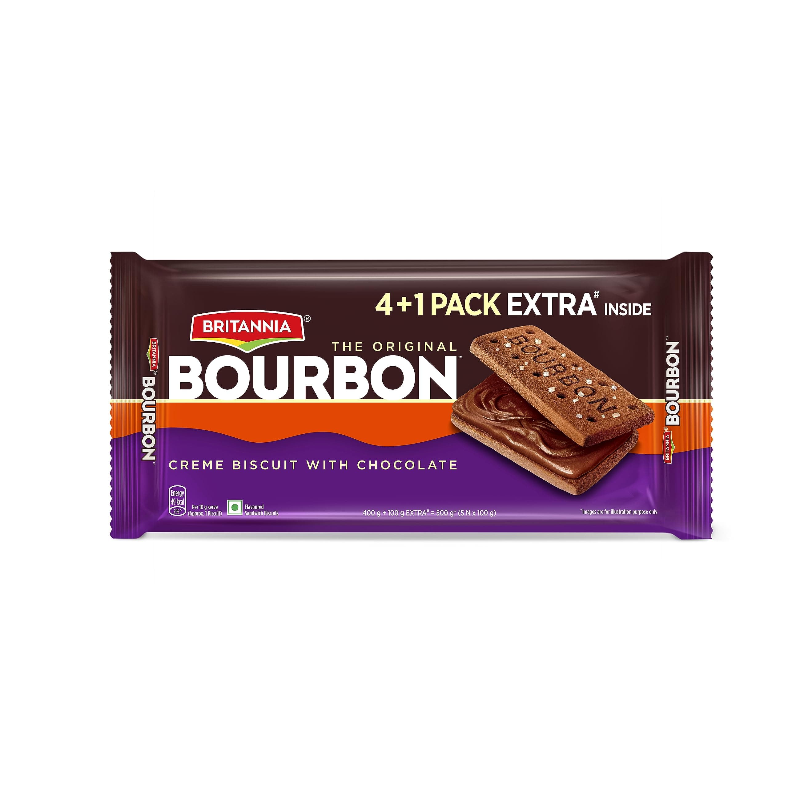 Britannia The Original Bourbon - Creme Biscuit with Chocolate | Buy 4 Get 1 Free | 500gm | Chocolatey Indulgence in every layer