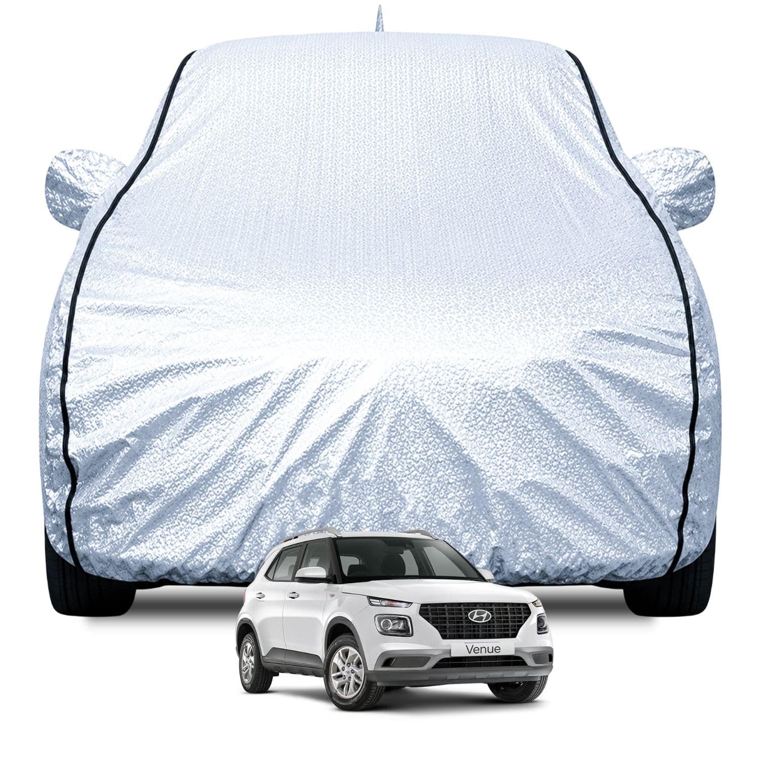 FABTEC Waterproof Car Body Cover for Hyundai Venue (2019-2024) with Mirror and Antenna Pocket, Soft Cotton Lining, Triple Stitched (Heat Resistant Metallic Silver with Black Piping)