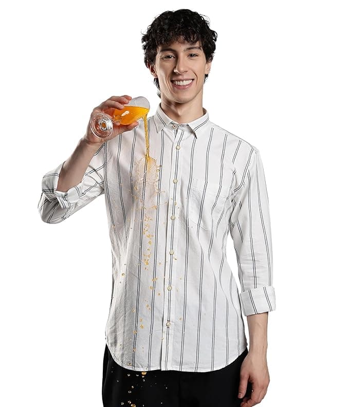 TURMS Men's Casual Striped Shirts, Water Repellent, Anti-Stain & Anti-Odor, 100% Cotton Breathable, Regular Fit Full Sleeves