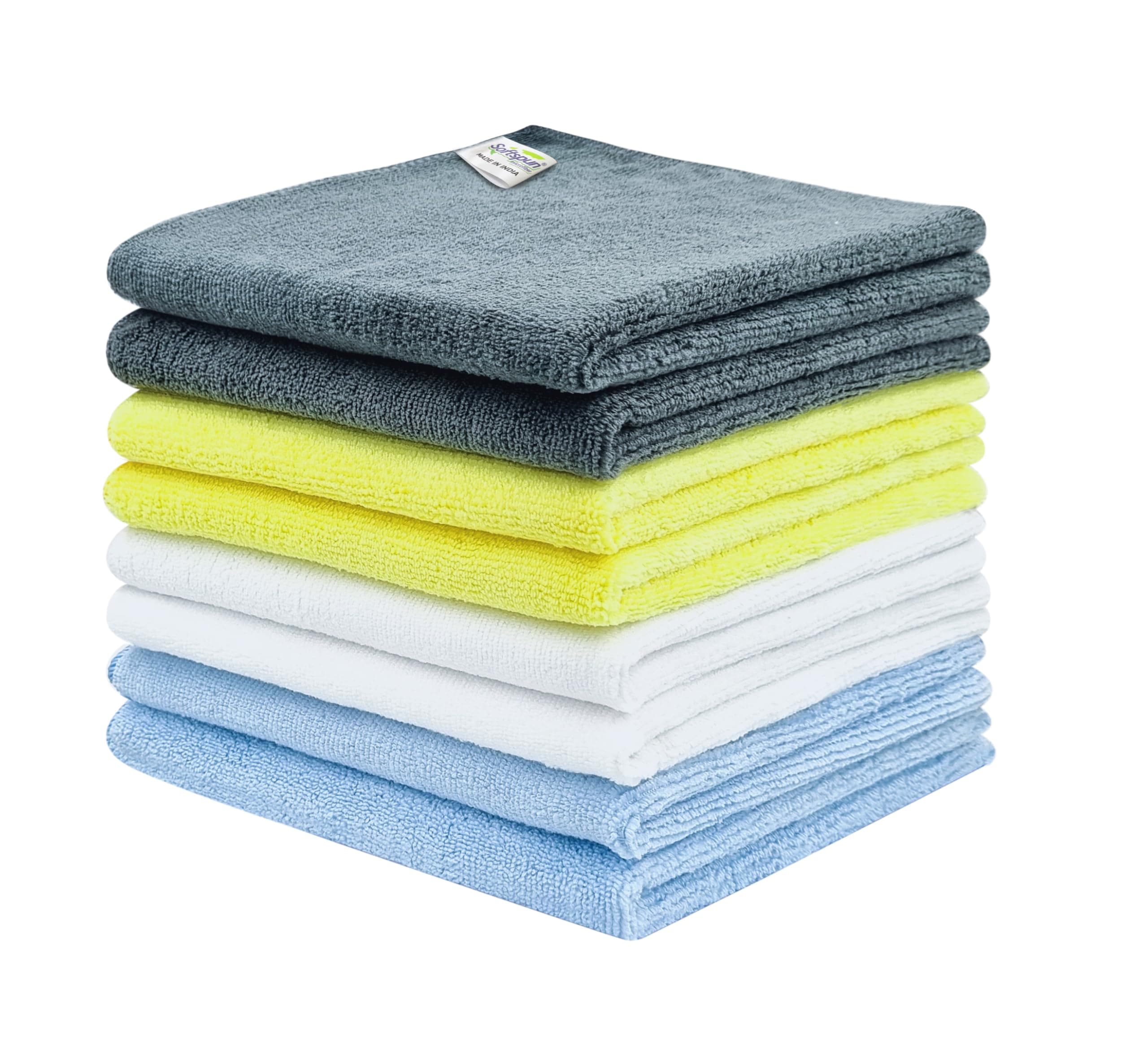SOFTSPUN Microfiber Cloths - 8 pcs - 40x40 cms - 340 GSM Multicolor! Thick Lint & Streak-Free Multipurpose Cloths - Automotive Microfibre Towels for Car Bike Cleaning Polishing Washing & Detailing.