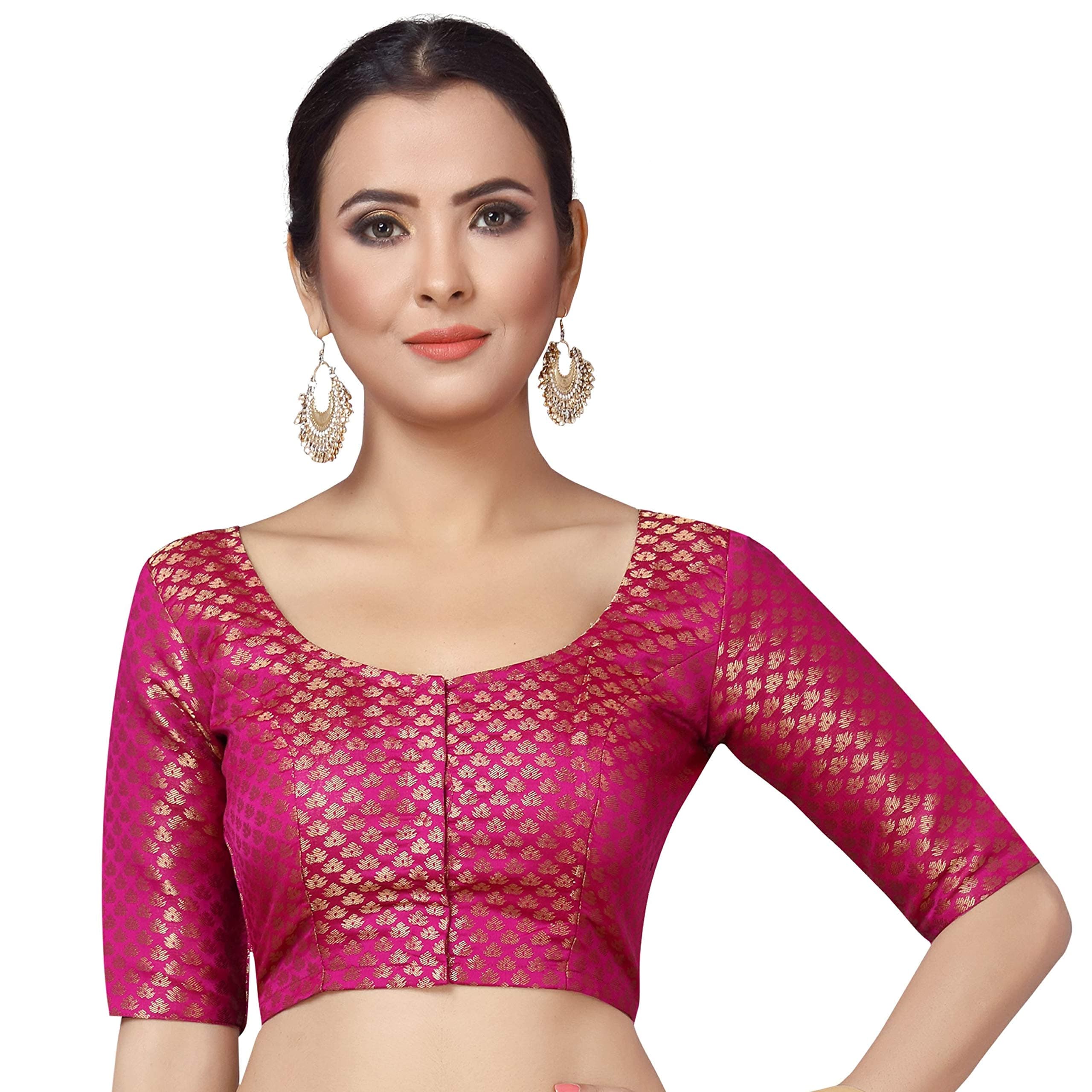 Studio Shringaar Women's Readymade Brocade Saree Blouse with Elbow Length Sleeves(2157-Pink_40)