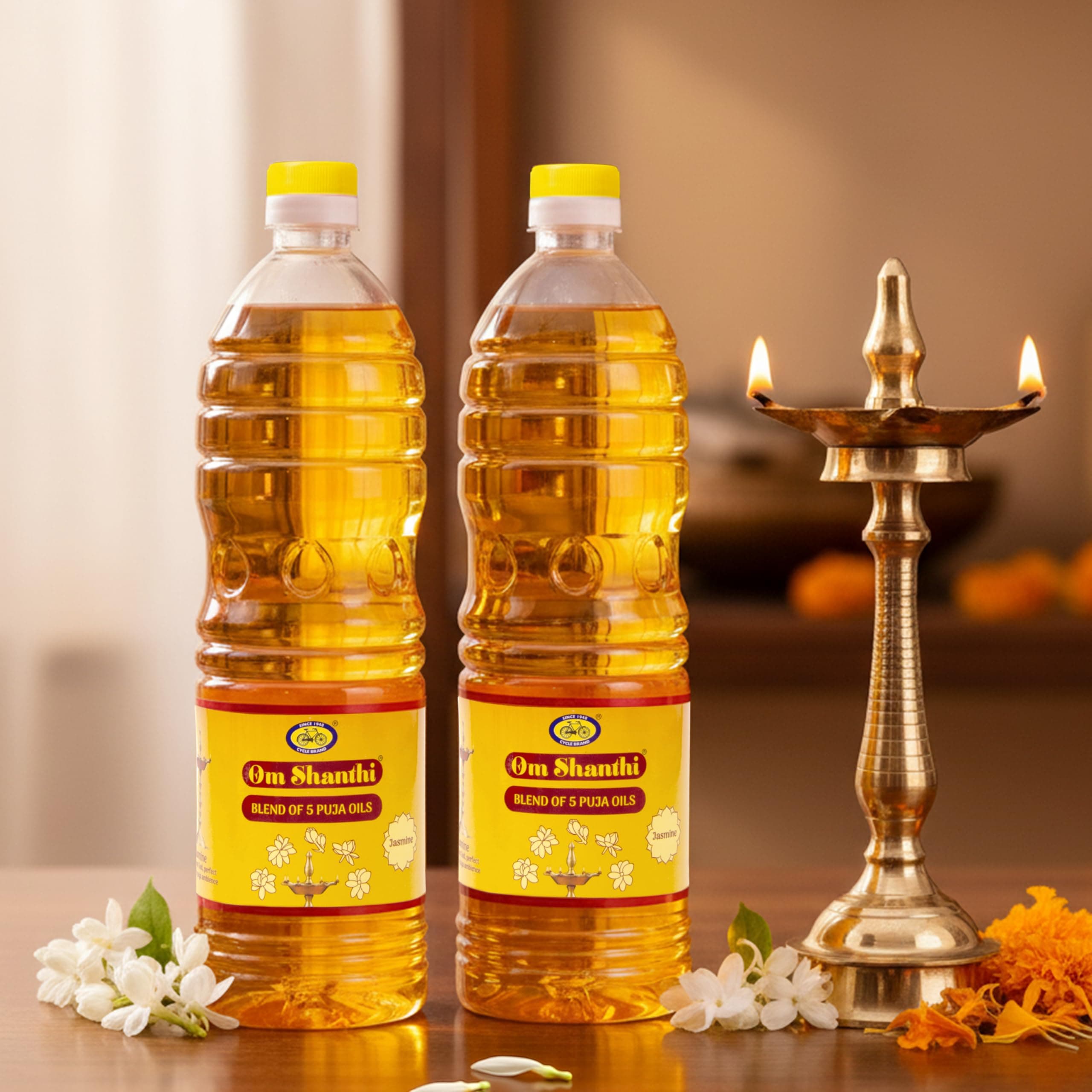 Om Shanthi POOJA MADE PURE Cycle Pure Om Shanthi Puja Oil, Blend Of 5 Puja Oils With Jasmine Fragrance for Daily Puja, Festivals - Pack Of 2 (1 litre per Pack)