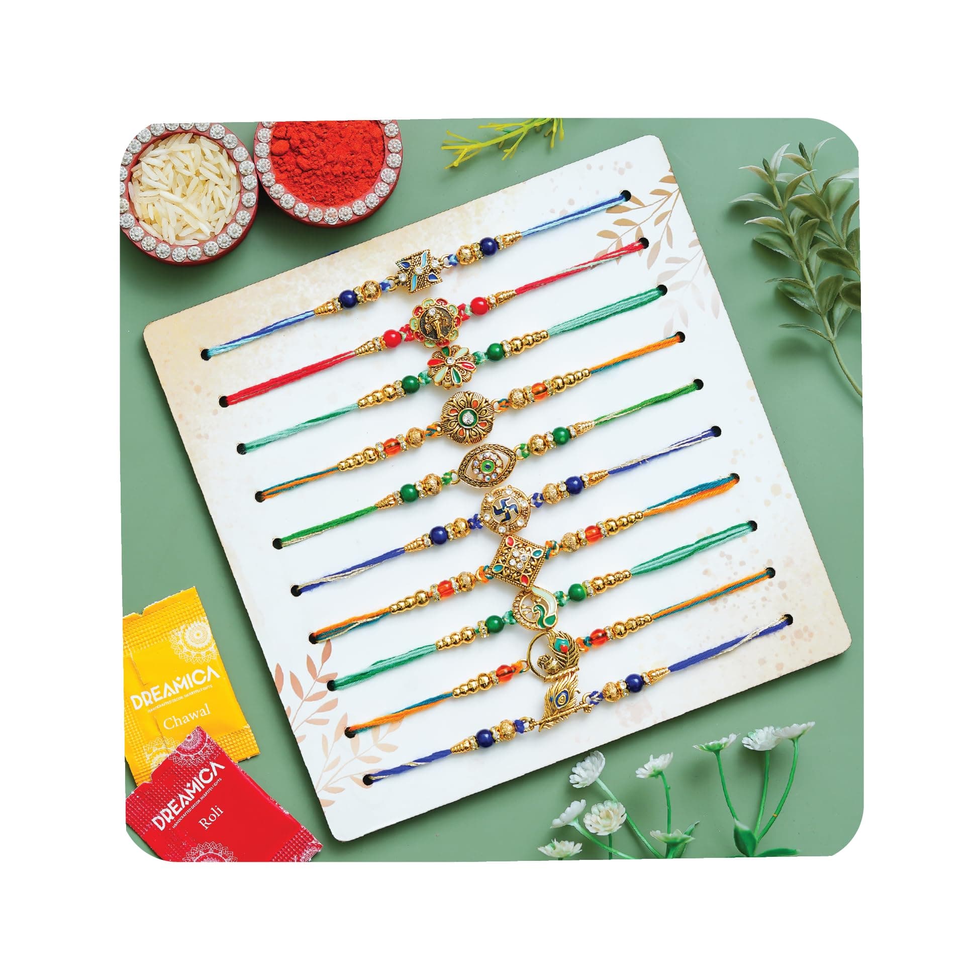 Dreamica Set of 10 Rakhi with Greeting Card and Tilak Set Combo | Best Rakhi for Brother