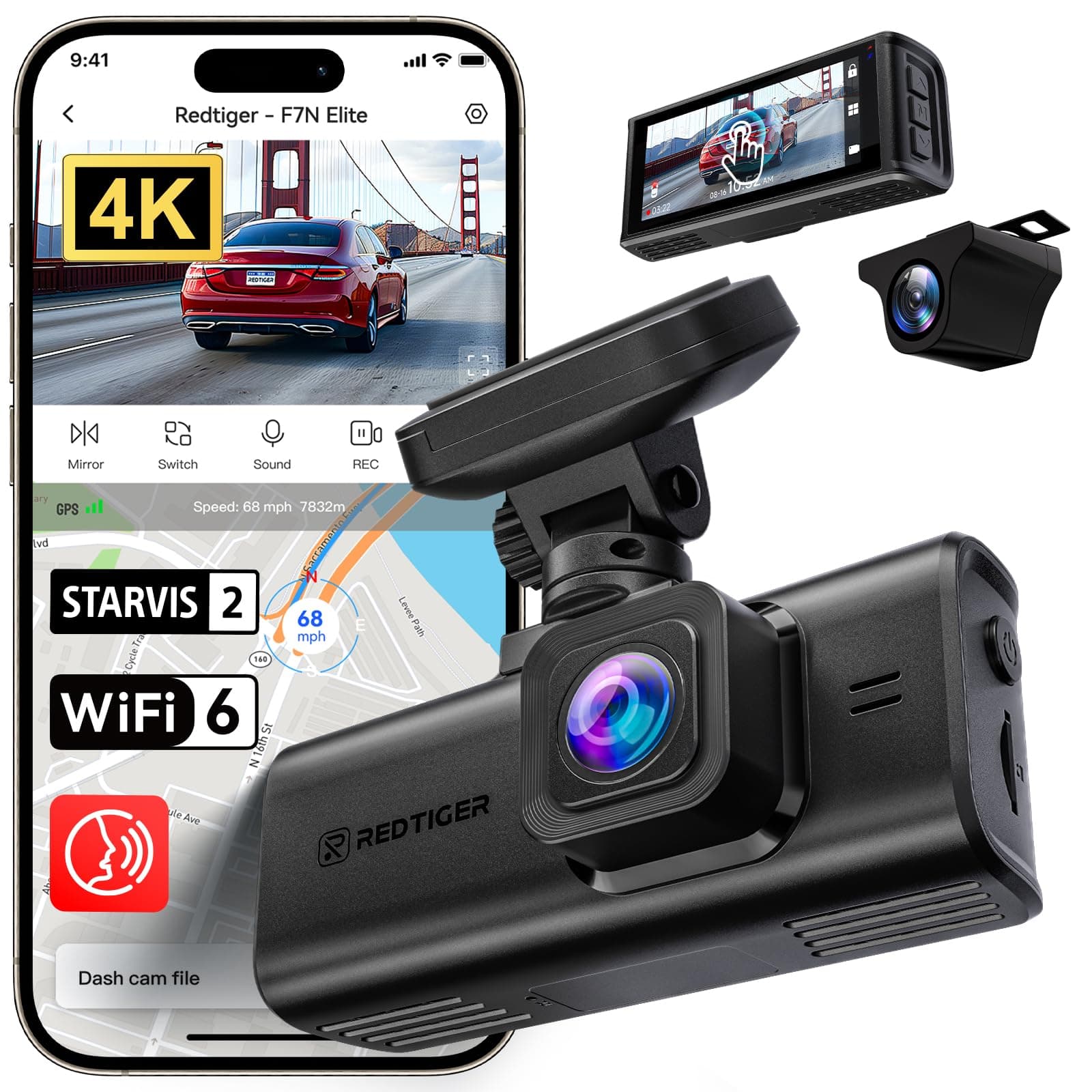 REDTIGER F7N Elite 4K HDR Dual Dash Cam Front & Rear, STARVIS 2 Sensor, 5.8GHz WiFi 6 and APP Control, 3.18" Touchscreen, Voice Control, GPS, 24H Parking Mode, WDR(SD Card Not Included