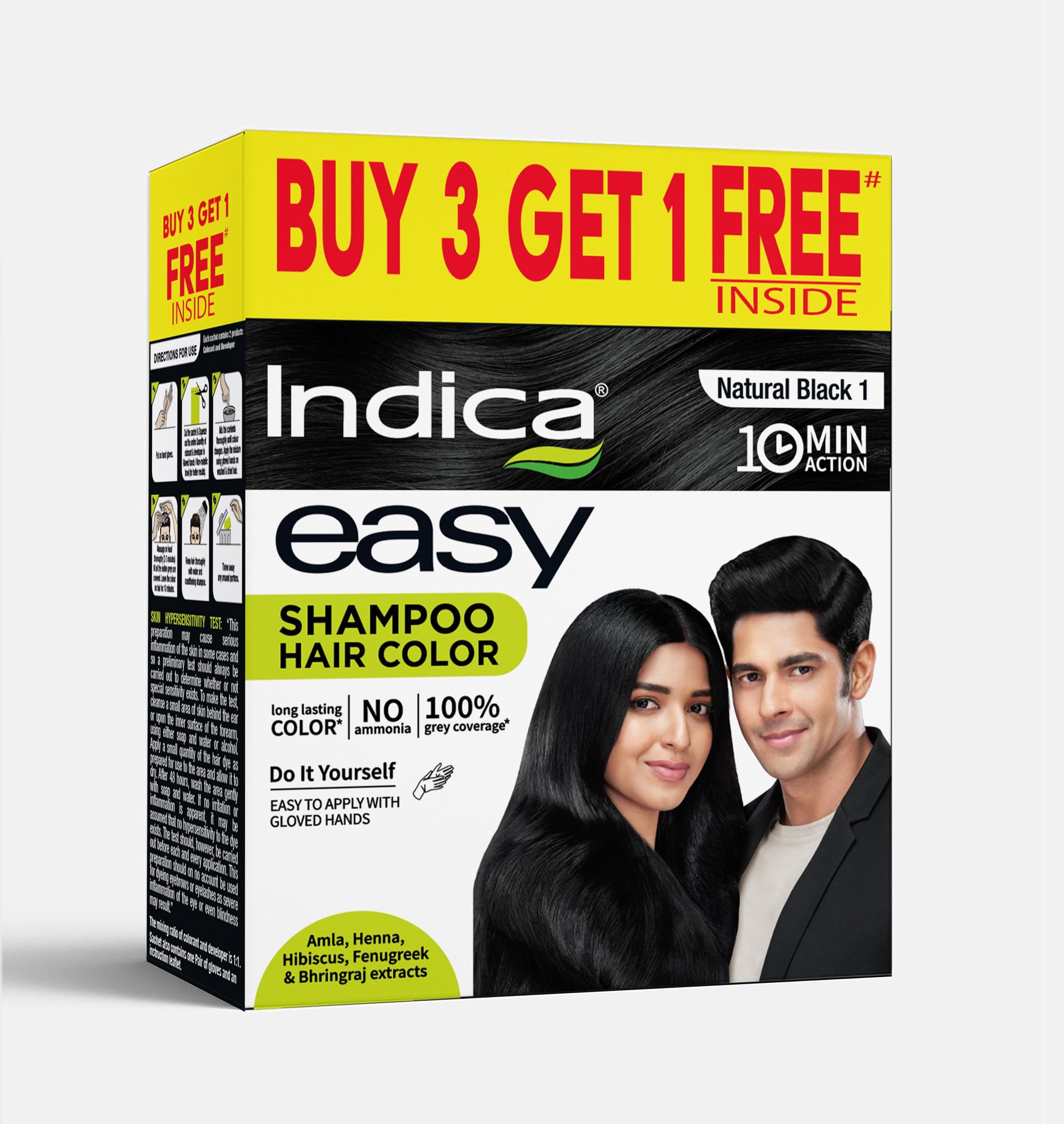 Indica Easy Natural Black Shampoo Hair Color | Buy3 Get1 Free | Ammonia-Free | Natural Herbal Extracts | 10 Min Application | 100ml | Long-Lasting Color for Men & Women