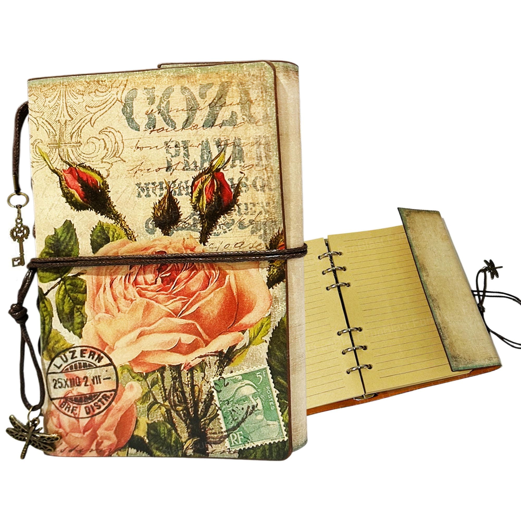 FunBlast Retro Vintage Leather Writing Journal Notebook, European Style Spiral Bound Loose-leaf Refillable Daily Sketchbook Diary Traveler with Blank Inserts and Zipper Pocket, L 18.5 x W 13.0 CM (Flower)